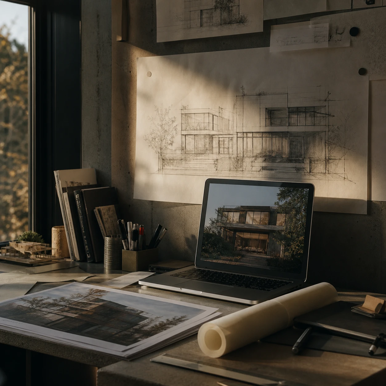 Small architecture studio workspace with a building sketch and a laptop showing render options