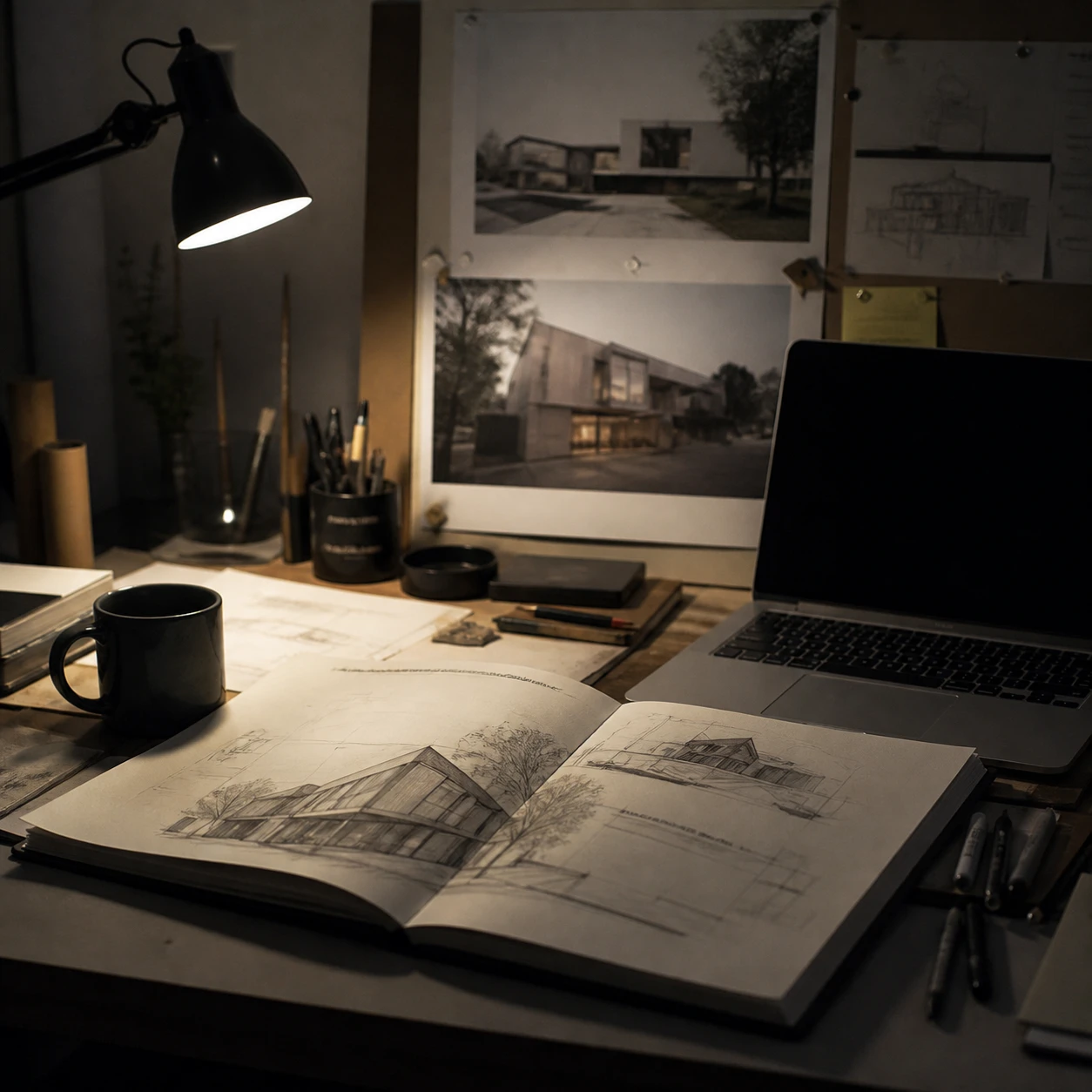 Architecture student desk with a building sketch, laptop, and printed exterior renders