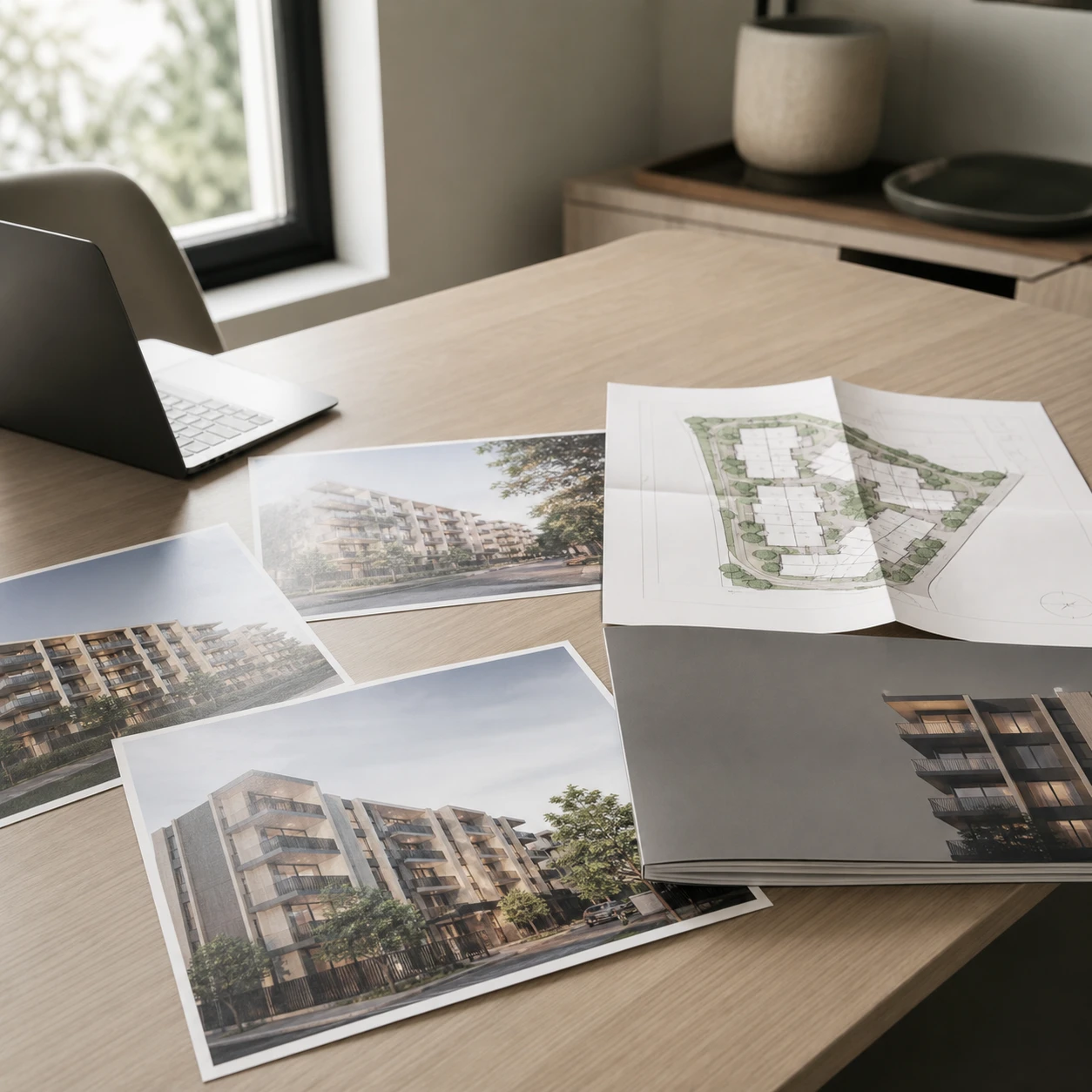 Real estate marketing materials with exterior renders spread on a table next to site plans