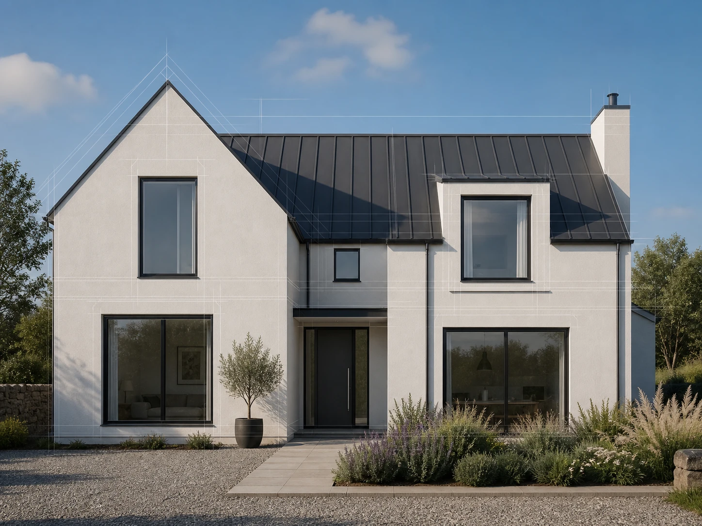 Diagram showing a building sketch and its AI exterior render sharing the exact same massing