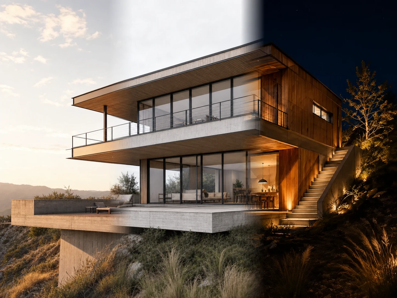 Same building AI exterior render shown at golden hour, overcast daylight, and night