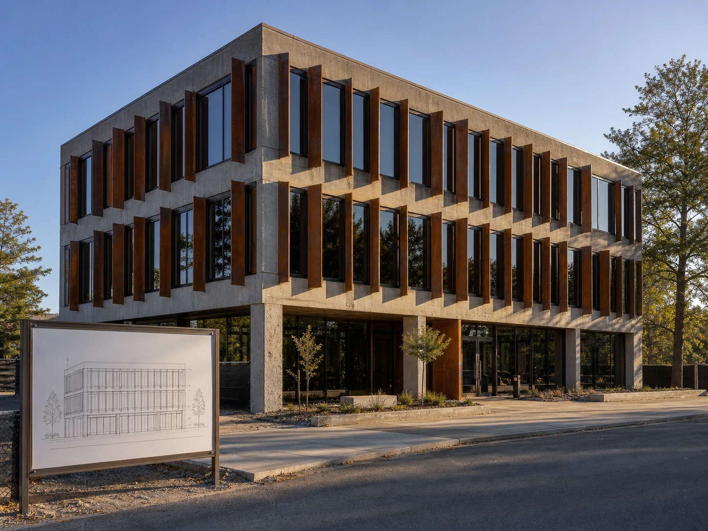 Wide three-quarter AI exterior render of an office building showing front and side facade in one 3D elevation set