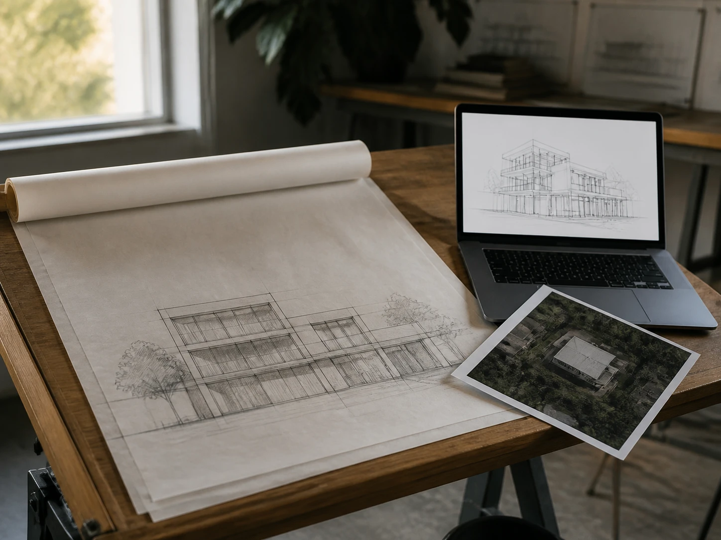 Drafting table photo with a building sketch, a laptop showing a CAD file, and a printed aerial site photo
