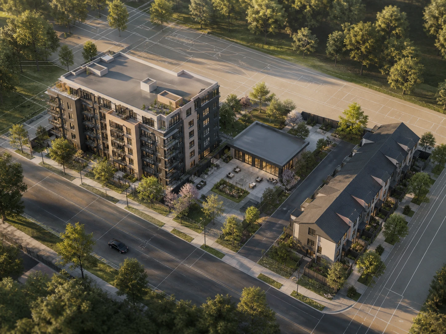 Aerial rendering of a small development site showing several buildings together in one elevated view
