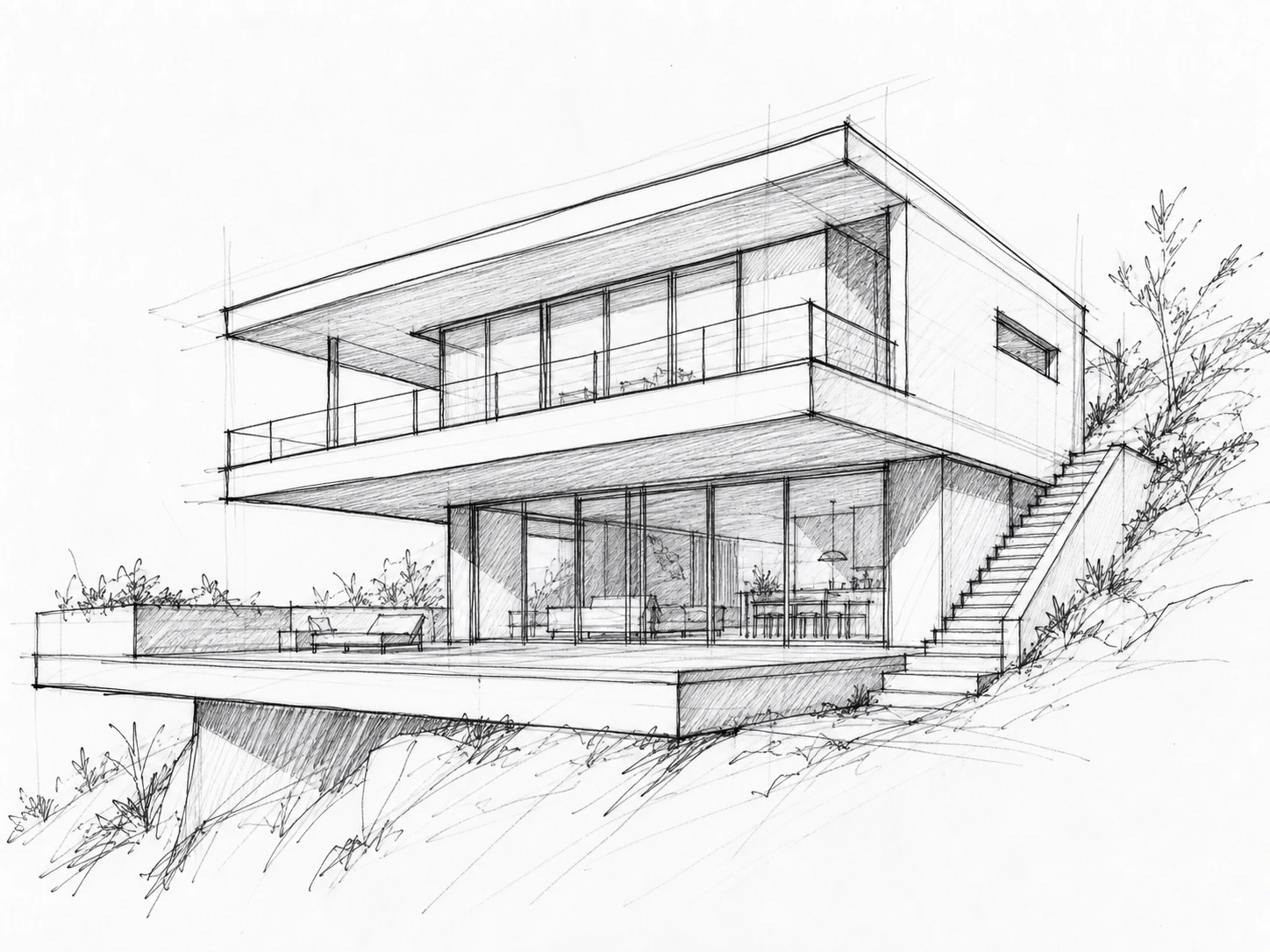 Hand-drawn pencil perspective sketch of a contemporary hillside villa
