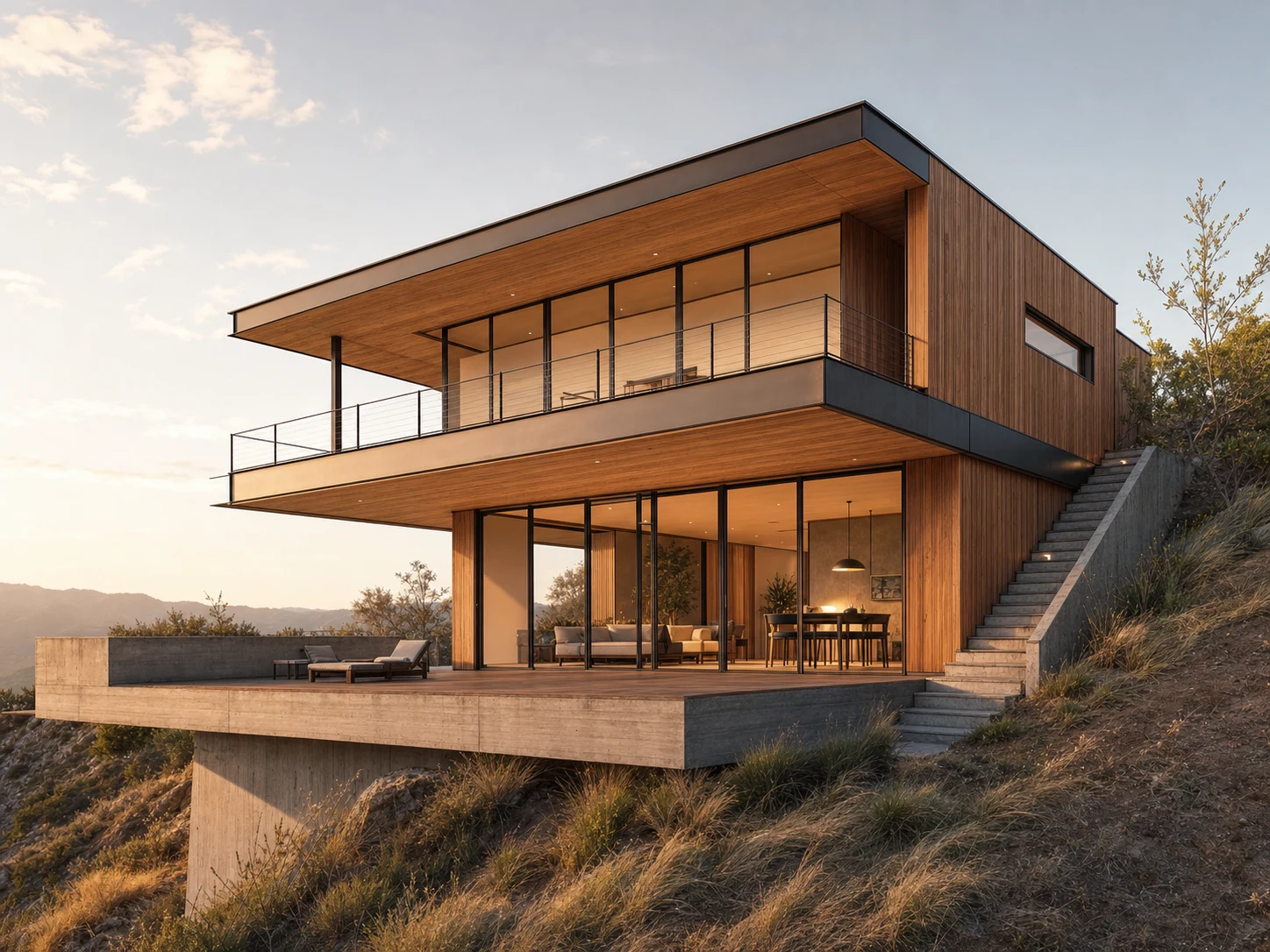 Contemporary villa AI exterior render created from a hand-drawn perspective sketch at golden hour