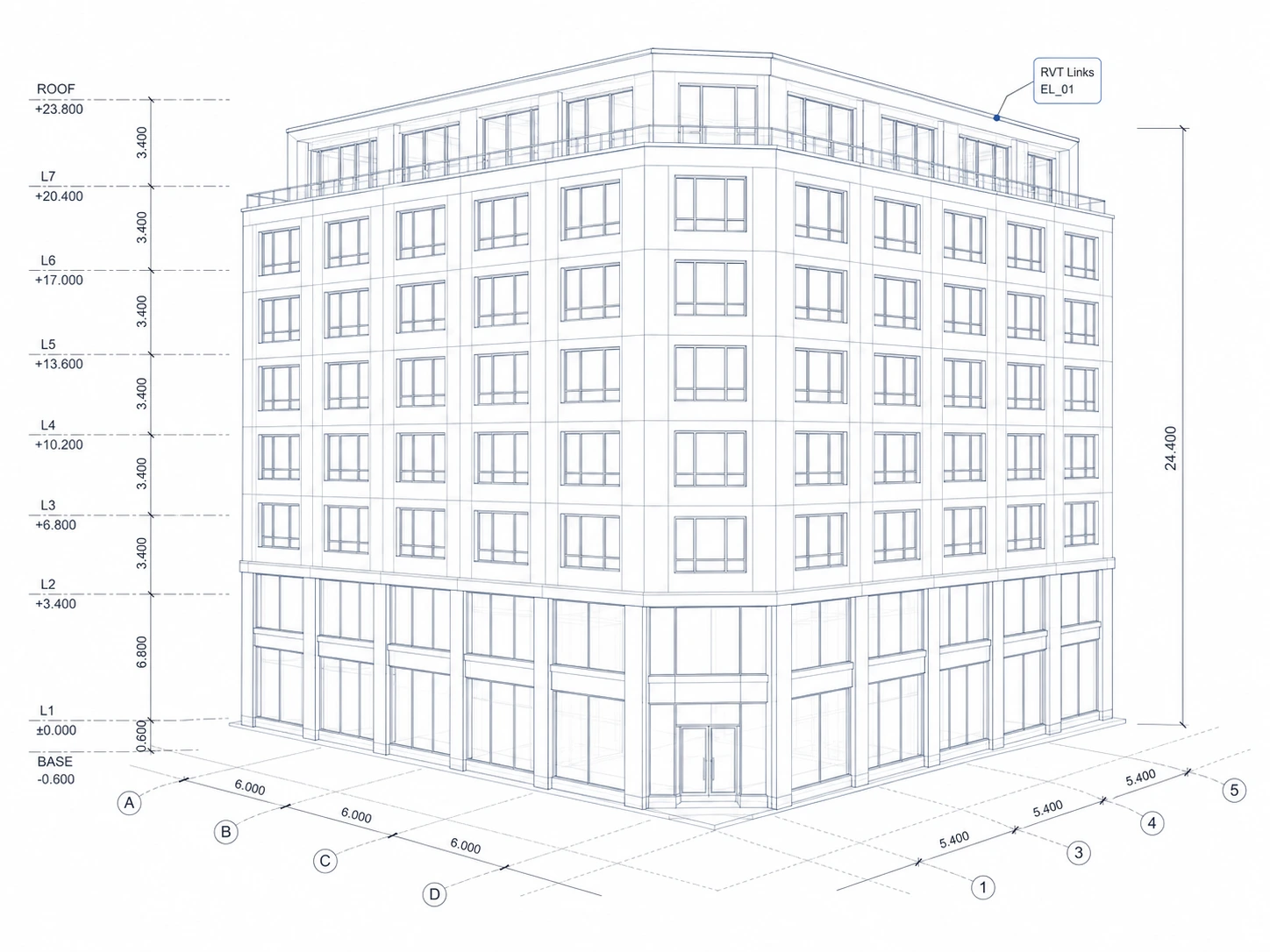 Pale blue-grey BIM wireframe model of a seven-storey corner apartment tower