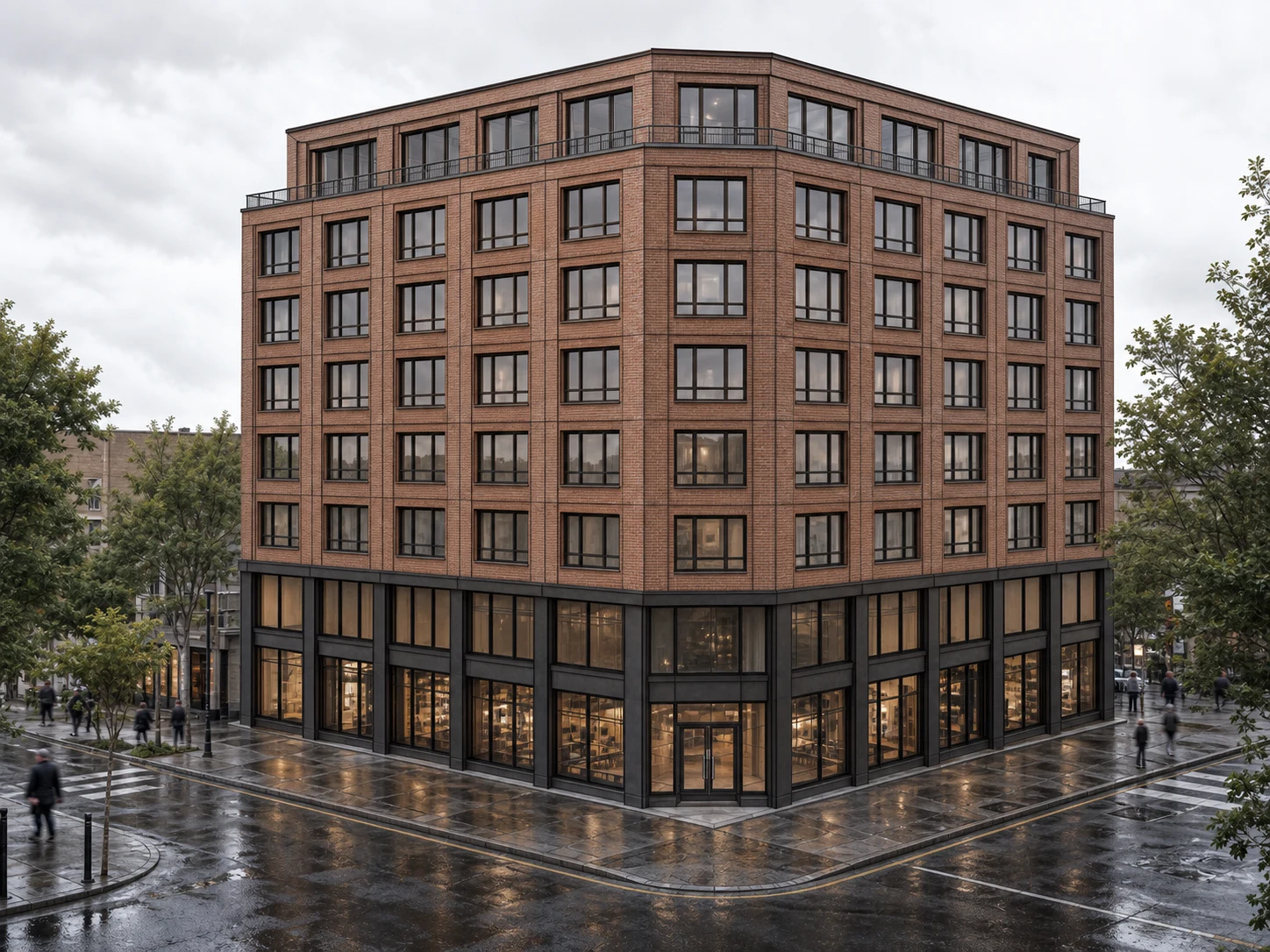 Corner apartment tower AI exterior render generated from a BIM wireframe model, brick and bronze detailing