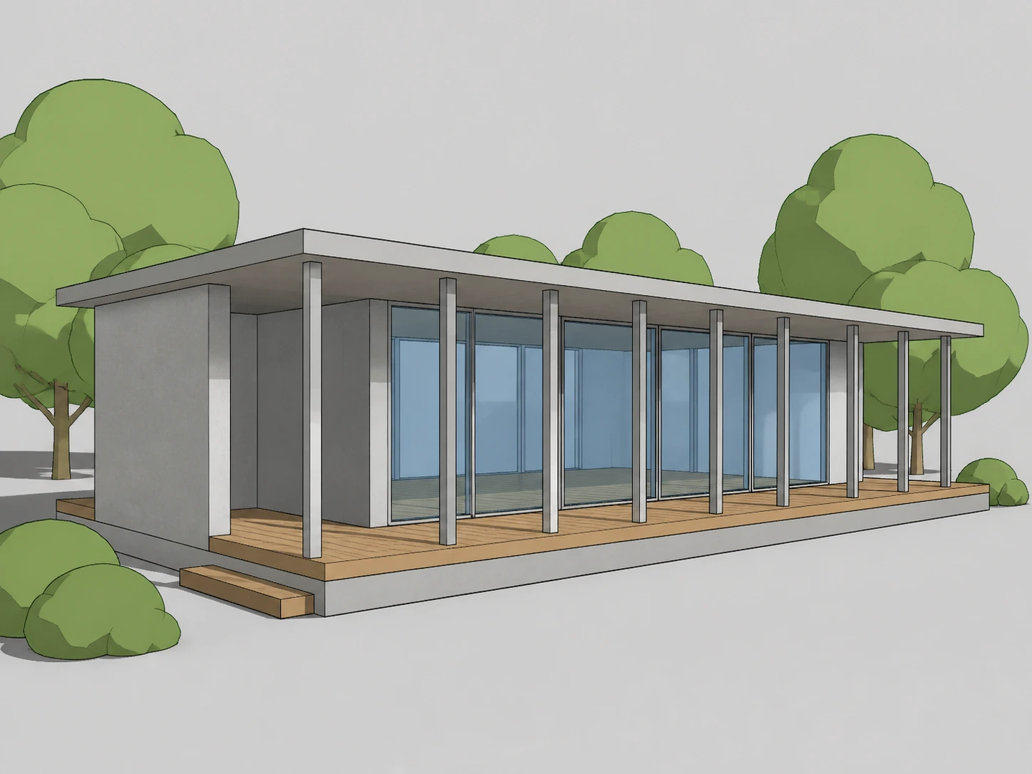 SketchUp massing model of a timber garden pavilion with flat grey default materials