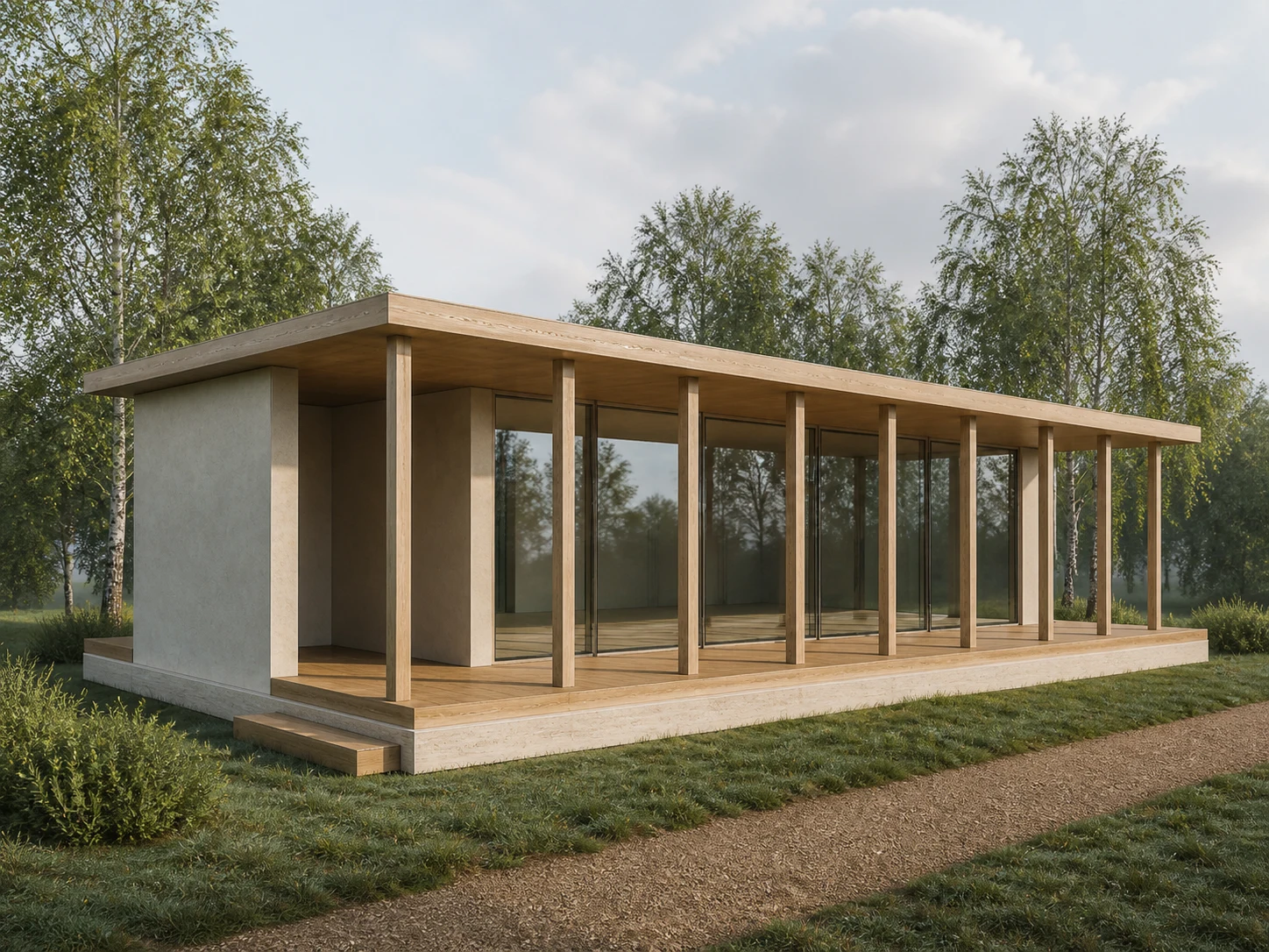 Garden pavilion AI exterior render generated from a SketchUp massing model, timber structure and morning light