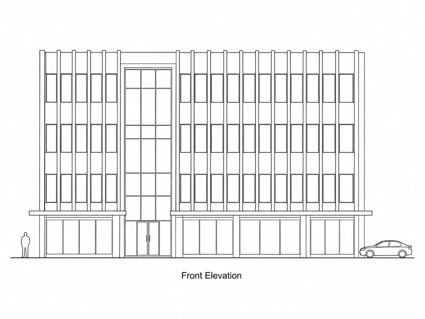 Black-and-white CAD front elevation drawing of a three-storey office building with a scale figure
