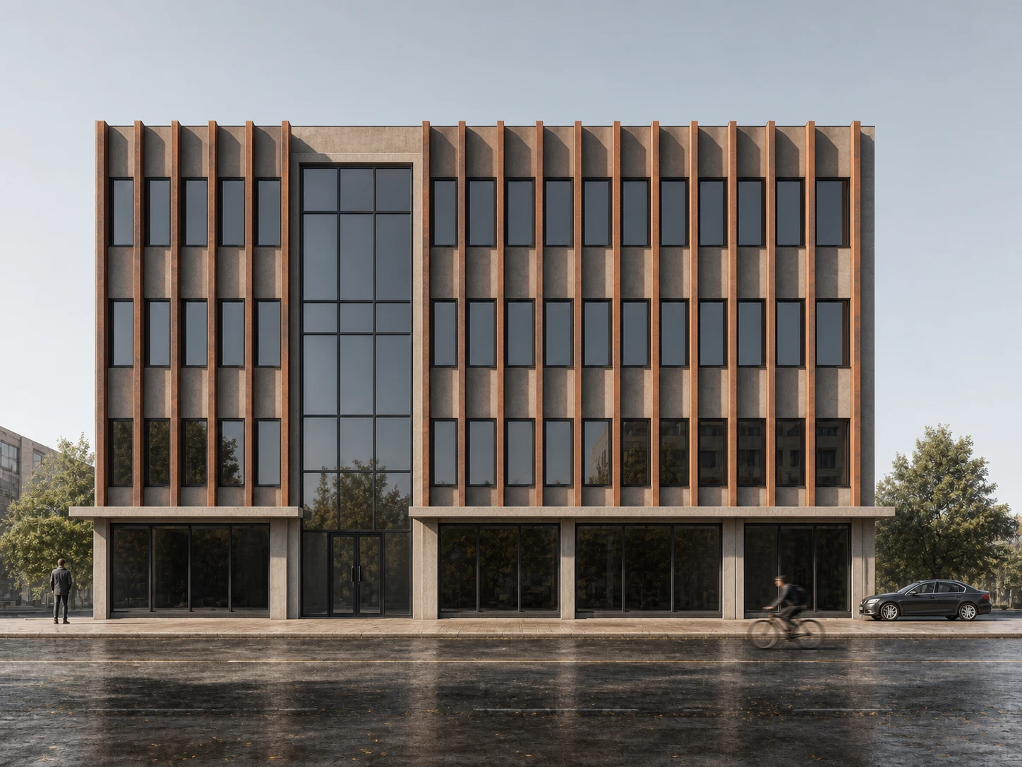 Boutique office building AI exterior render based on a black-and-white CAD front elevation drawing