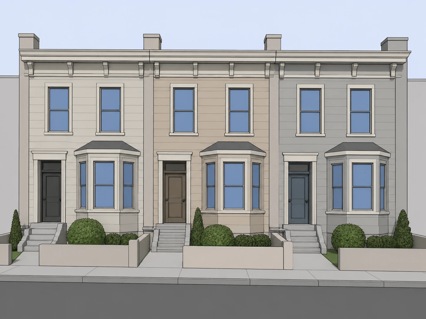 SketchUp model of a townhouse row with cladding blocked in but flat unstyled materials