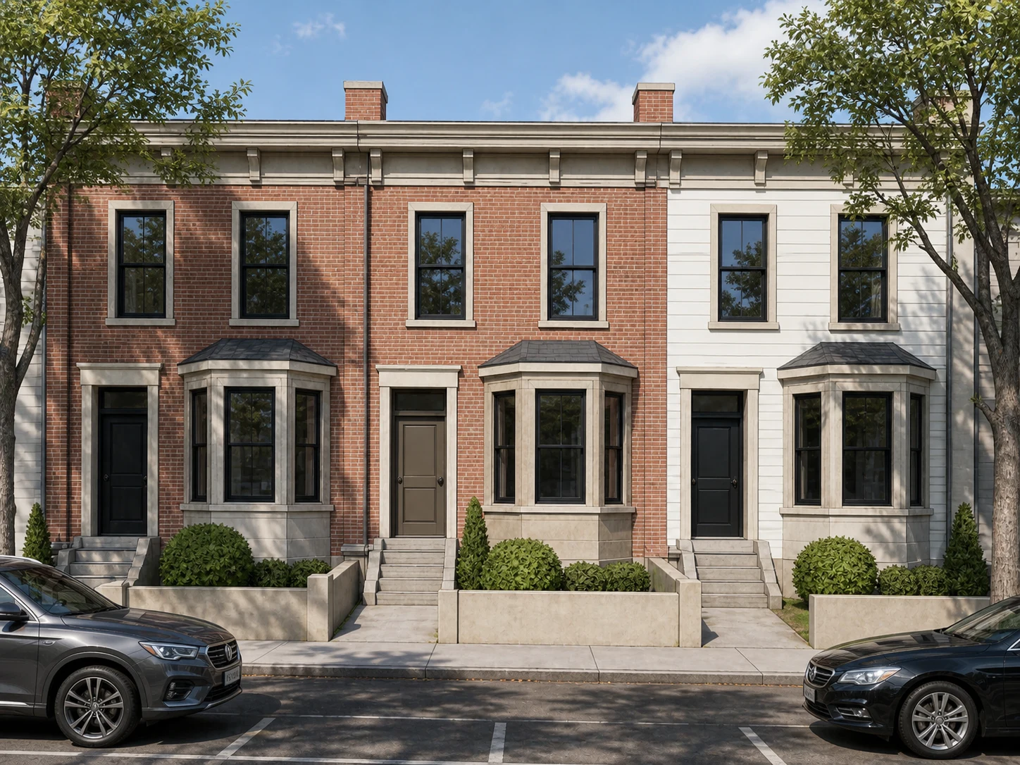 Townhouse row AI exterior render from a SketchUp materials study, finished brick and timber cladding