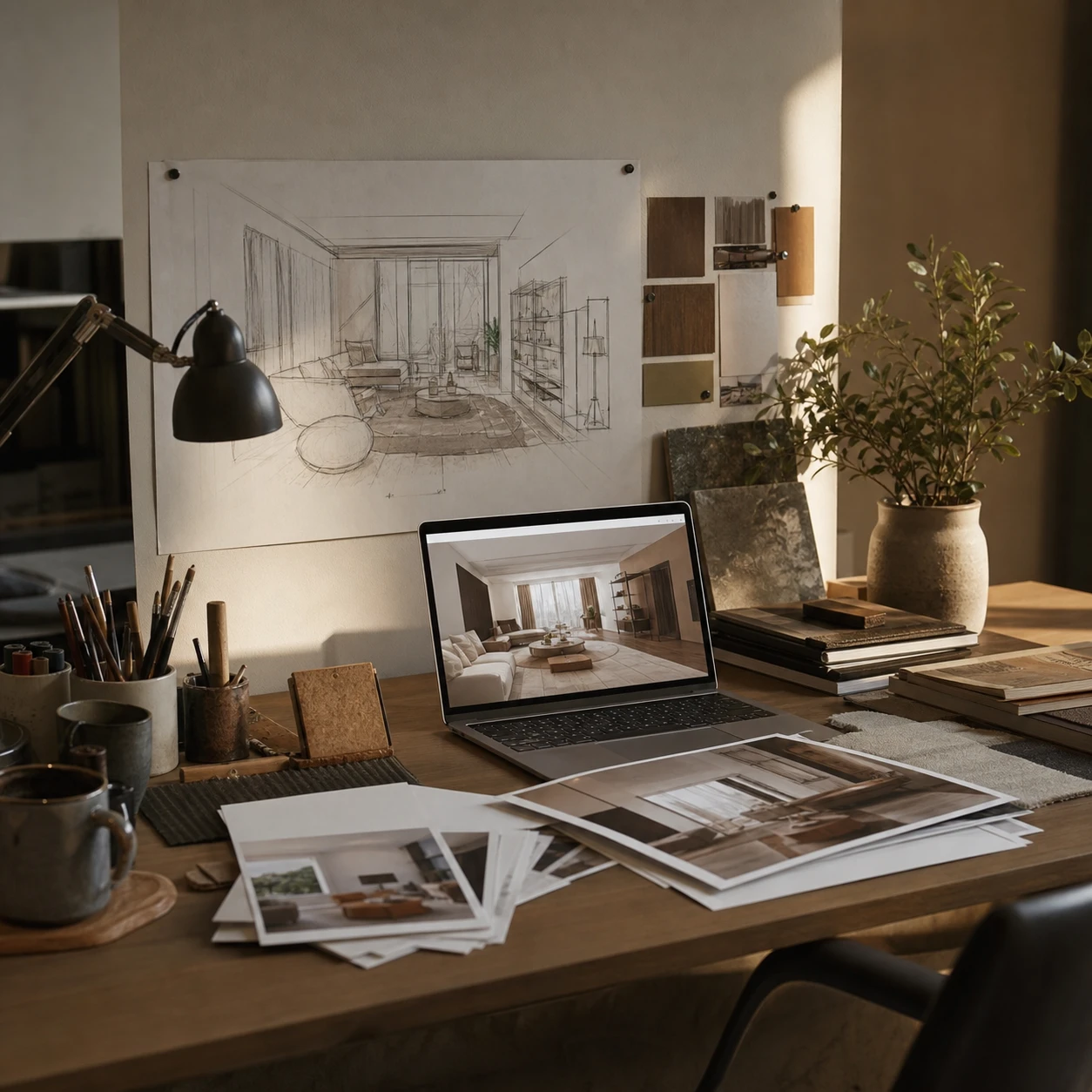 Espace de travail d'un petit studio de design d'intérieur avec des croquis et un ordinateur portable affichant des options de rendu