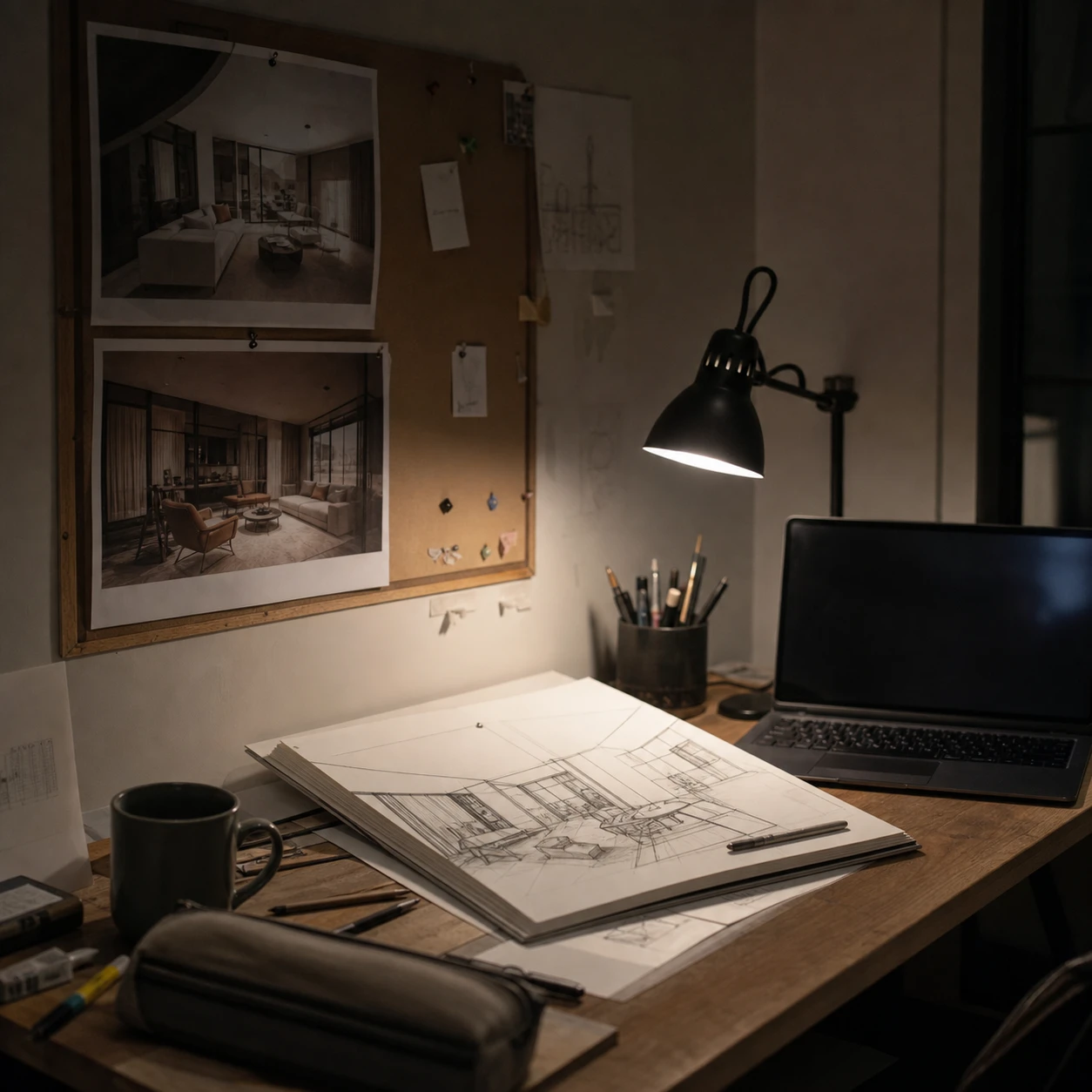 Bureau d'étudiant en architecture avec un carnet de croquis, un ordinateur portable et des rendus intérieurs imprimés