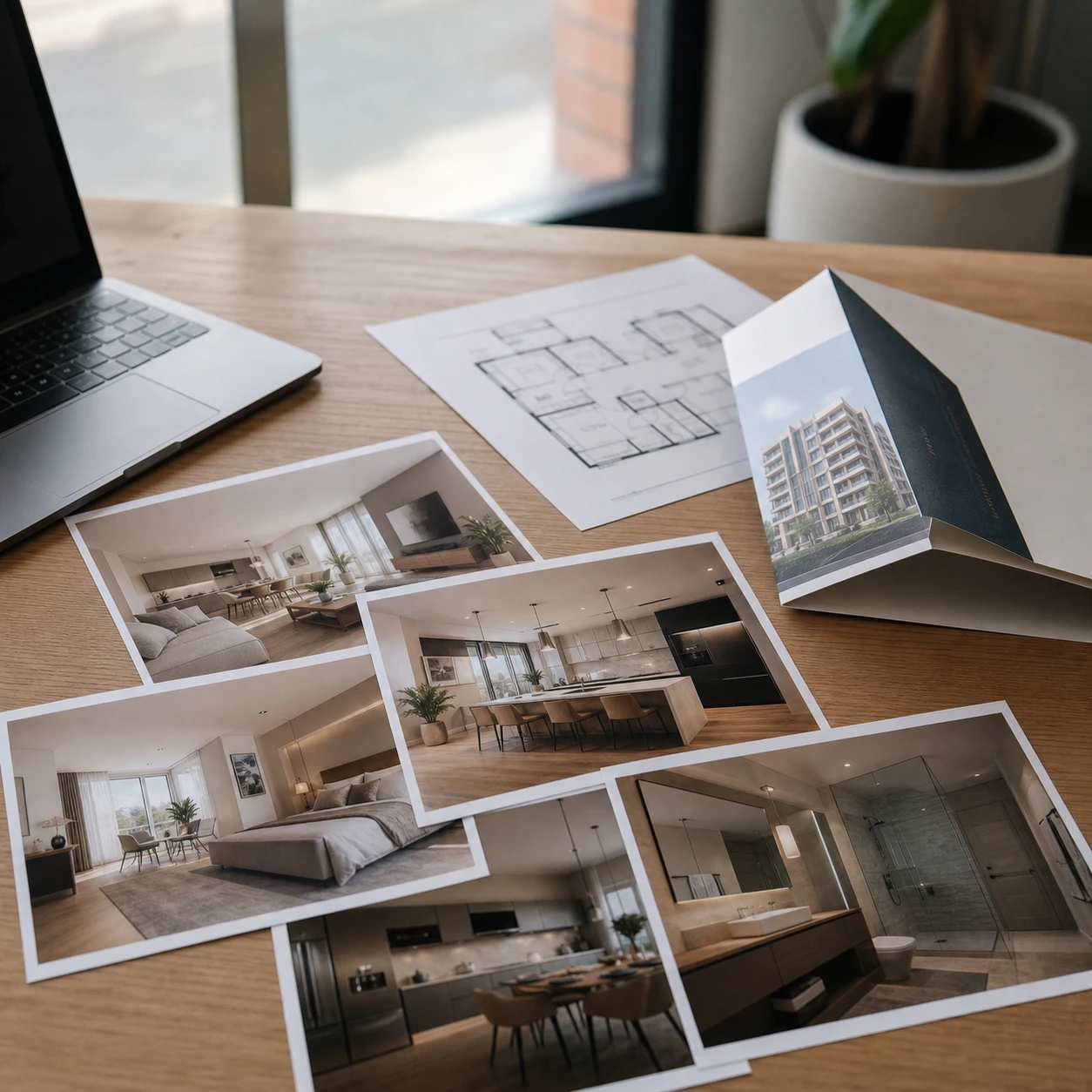 Supports de marketing immobilier avec des rendus intérieurs étalés sur une table à côté de plans d'étage