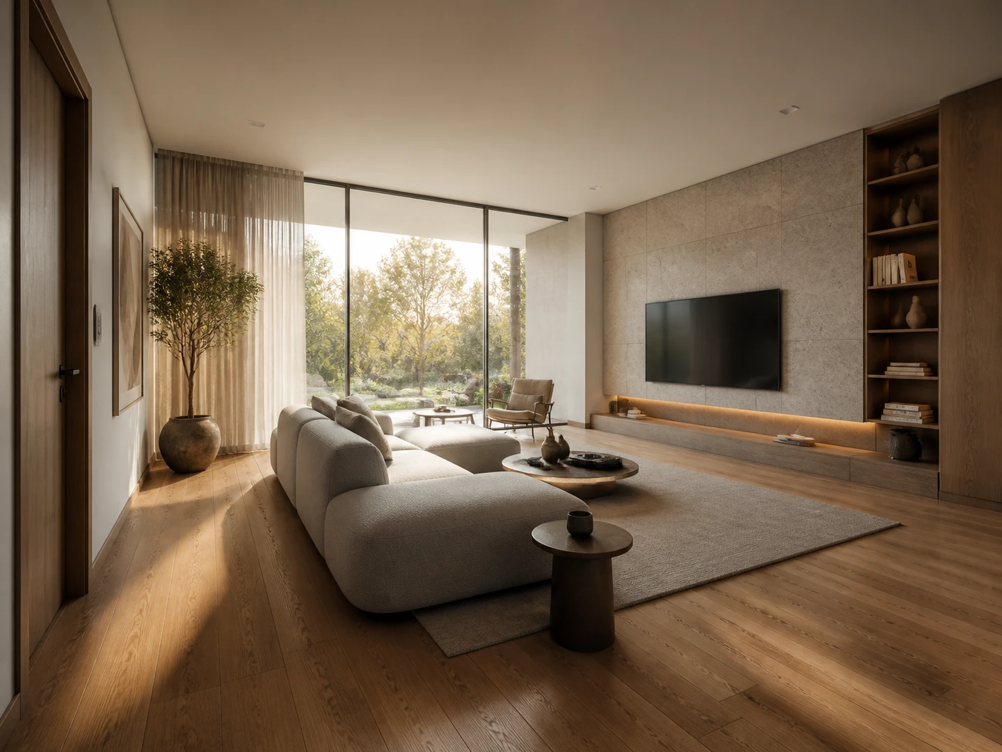 Rendu intérieur IA grand angle d'un salon montrant la même visualisation 3D d'intérieur depuis un point de vue en coin
