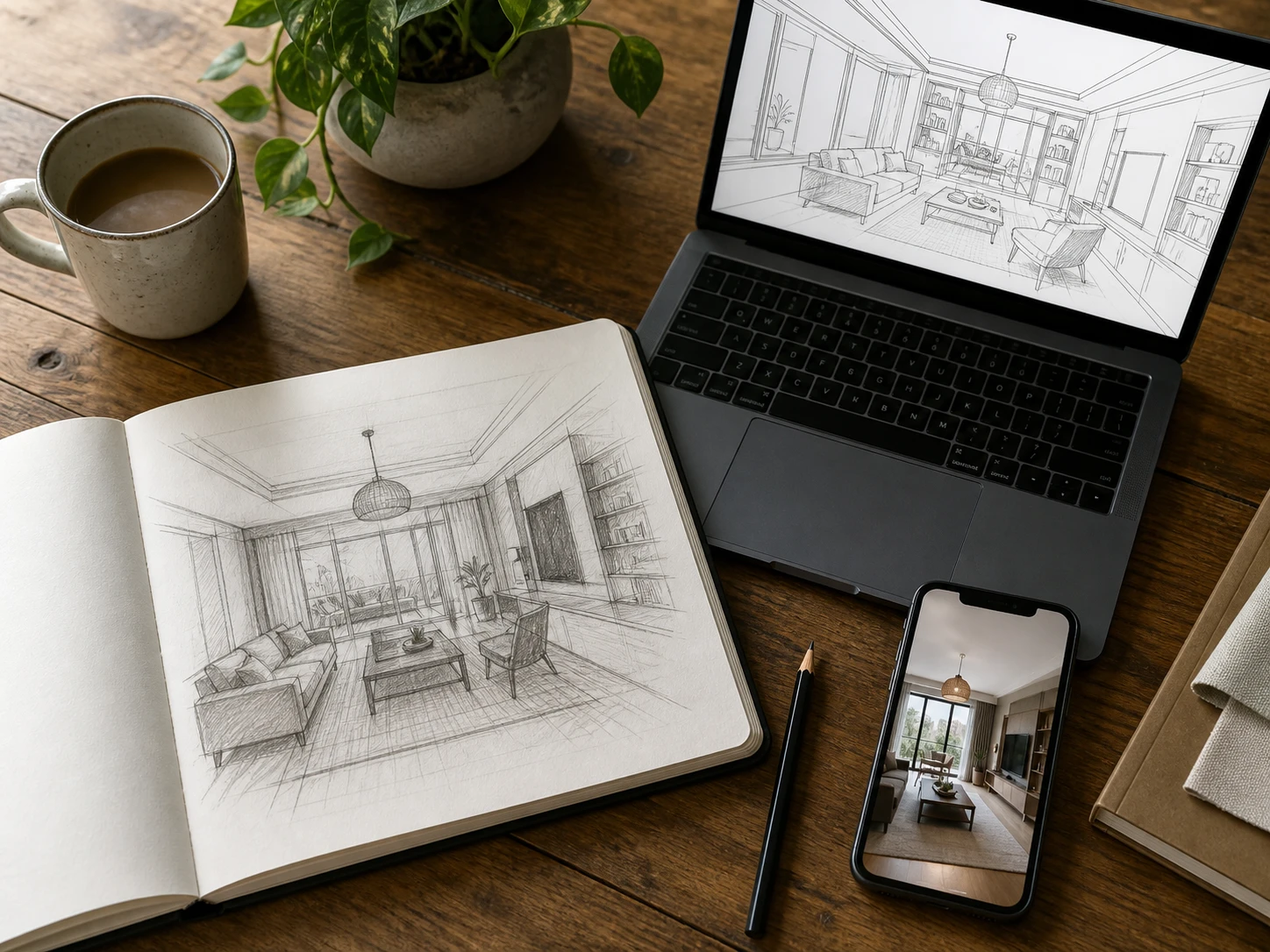 Photo de bureau en vue de dessus avec un croquis de pièce, un ordinateur portable affichant un fichier CAO et un téléphone montrant une photo de la pièce