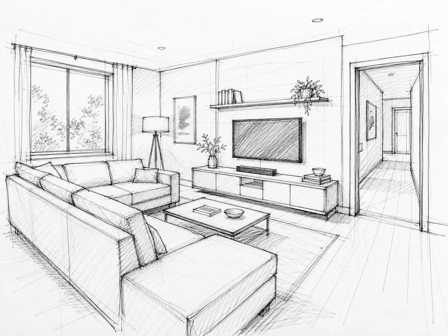 Croquis en perspective d'un salon dessiné à la main au crayon et au feutre sur papier blanc