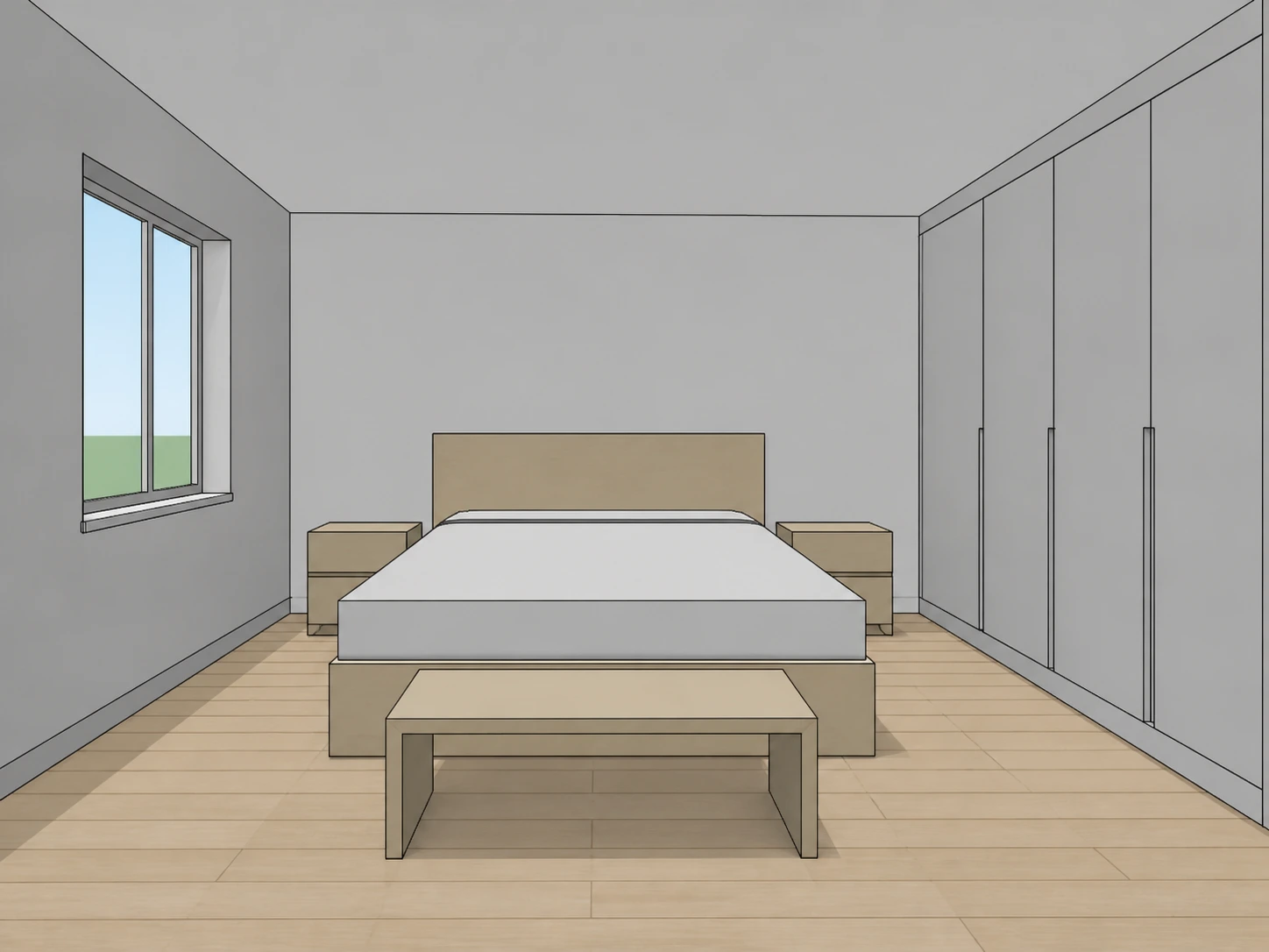 Modèle volumétrique SketchUp d'une chambre avec des matériaux par défaut gris unis et sans détails de mobilier