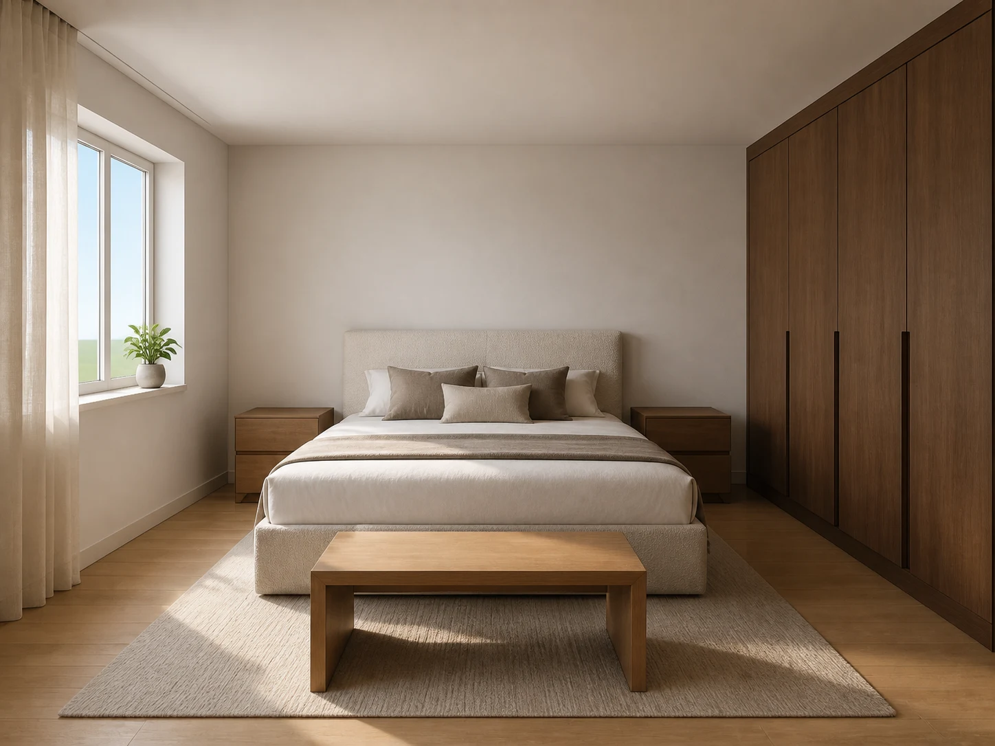 Rendu intérieur de chambre généré à partir d'une volumétrie SketchUp, même agencement avec de vrais matériaux en tissu et en bois