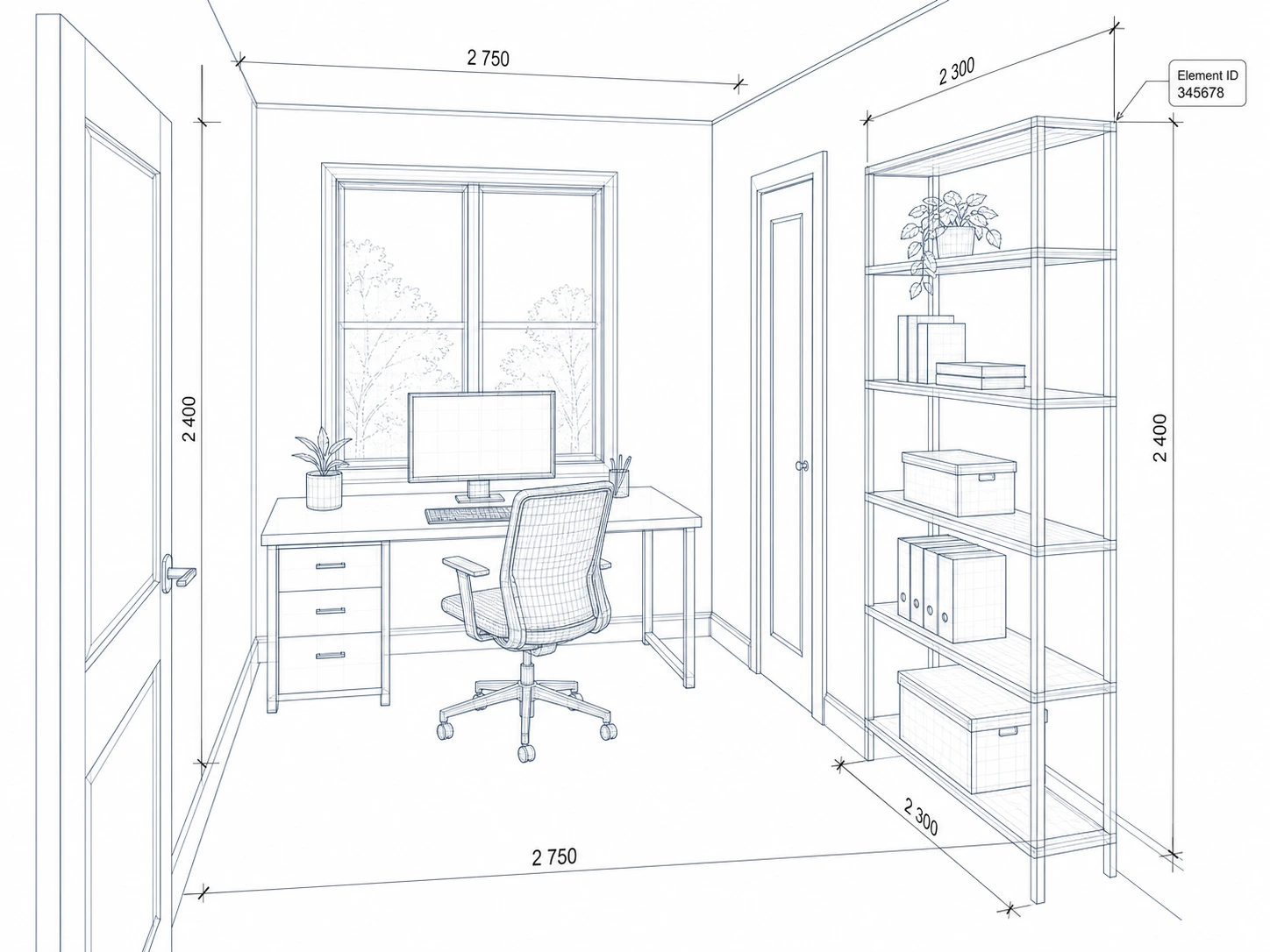 Modèle filaire BIM bleu-gris pâle d'un bureau avec lignes de cote et repères