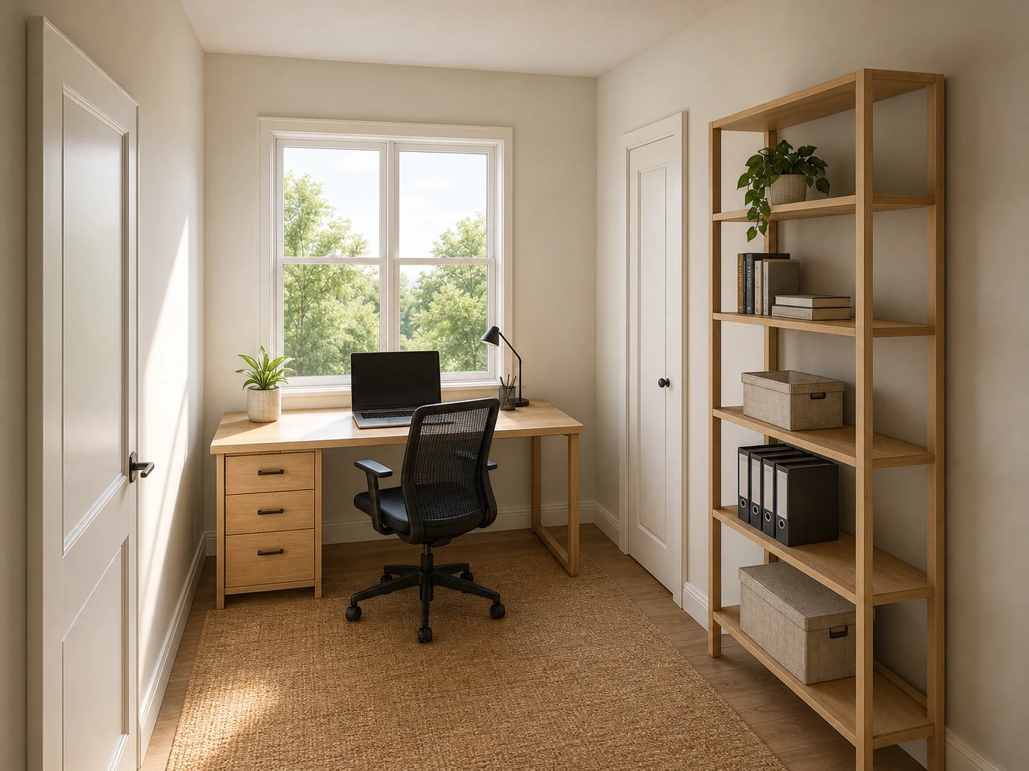 Rendu intérieur de bureau à partir d'un modèle filaire BIM, bureau et étagères dans leurs positions modélisées