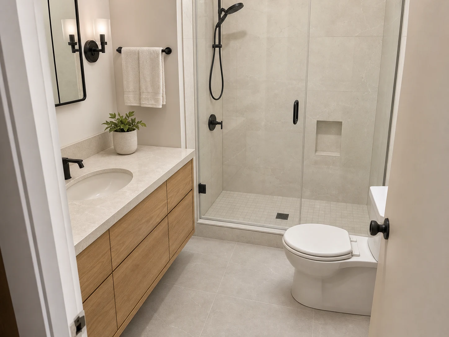 Rendu intérieur de rénovation de salle de bain généré à partir d'une photo de smartphone de la pièce existante