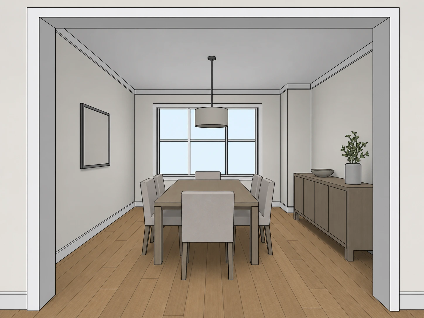 Étude intérieure SketchUp d'une salle à manger avec des meubles placés mais des matériaux unis sans style
