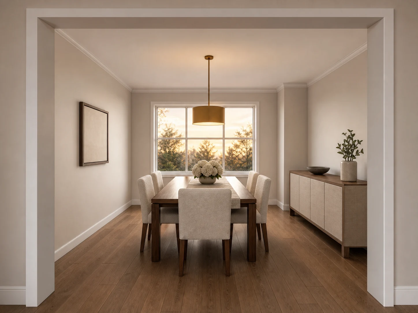 Rendu intérieur IA de salle à manger à partir d'une étude SketchUp meublée, matériaux finis et éclairage appliqués