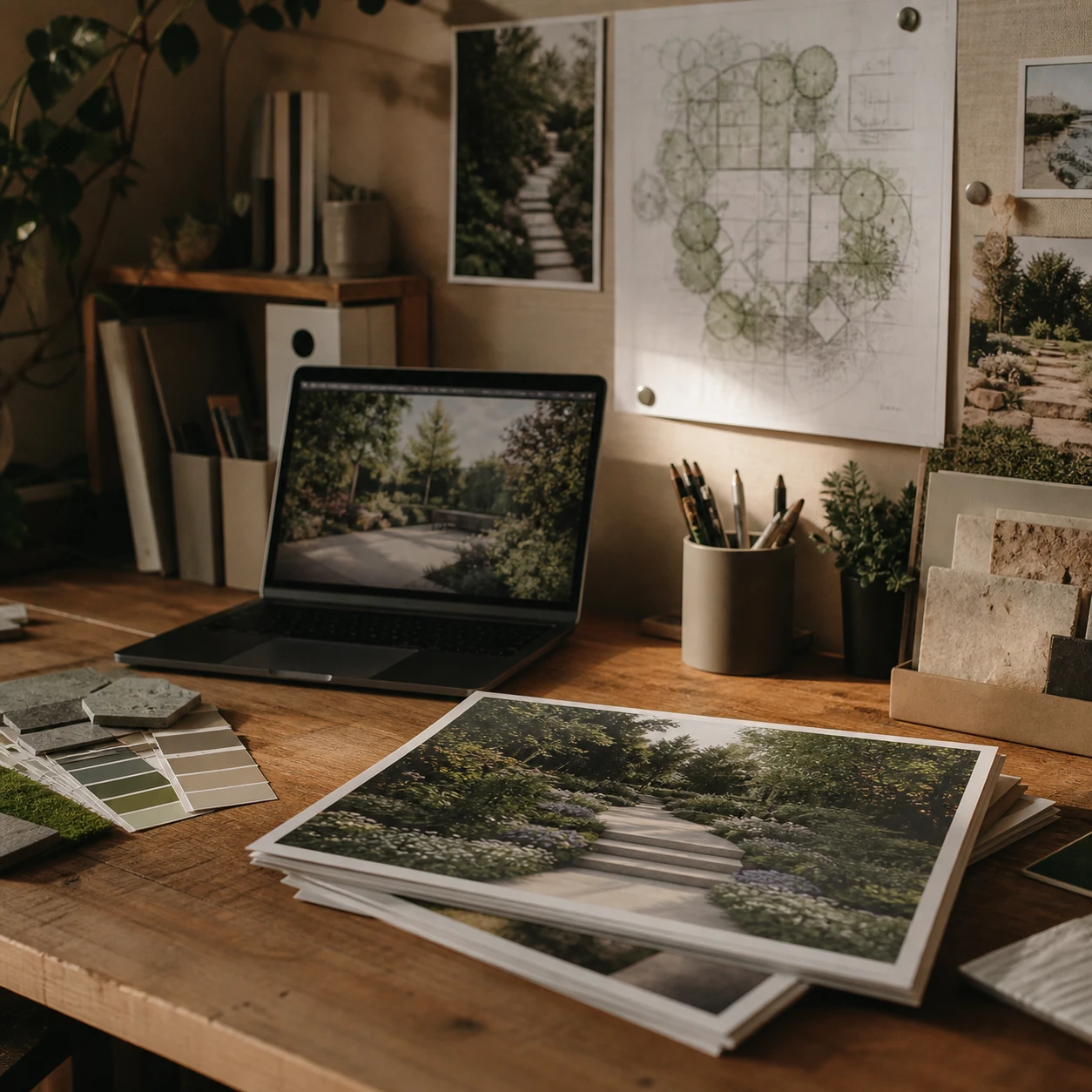 Spazio di lavoro di un piccolo studio di progettazione del paesaggio con uno schizzo di giardino e un laptop che mostra le opzioni di render