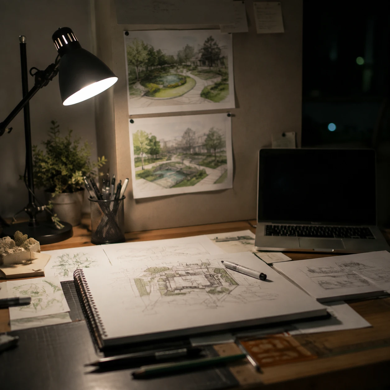 Scrivania di uno studente di architettura del paesaggio con una planimetria, un laptop e render di giardini stampati