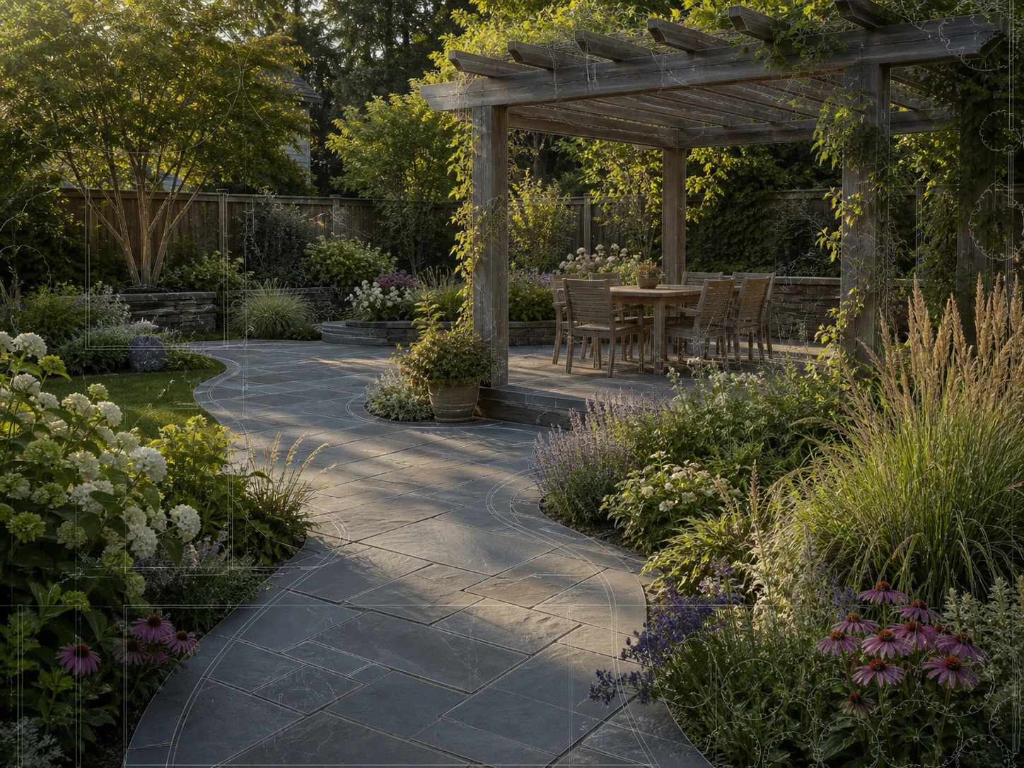 Diagramma che mostra uno schizzo di giardino e il suo render paesaggistico con IA che condividono lo stesso identico layout