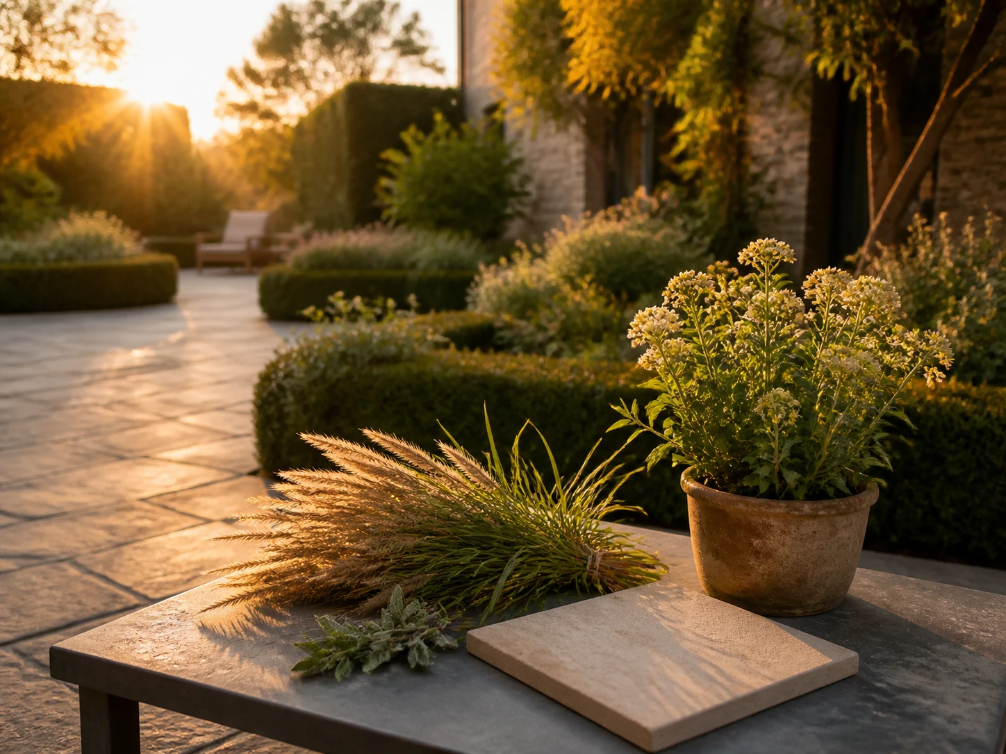 Confronto di render paesaggistici che mostra diverse scelte di piante e pavimentazioni per lo stesso giardino