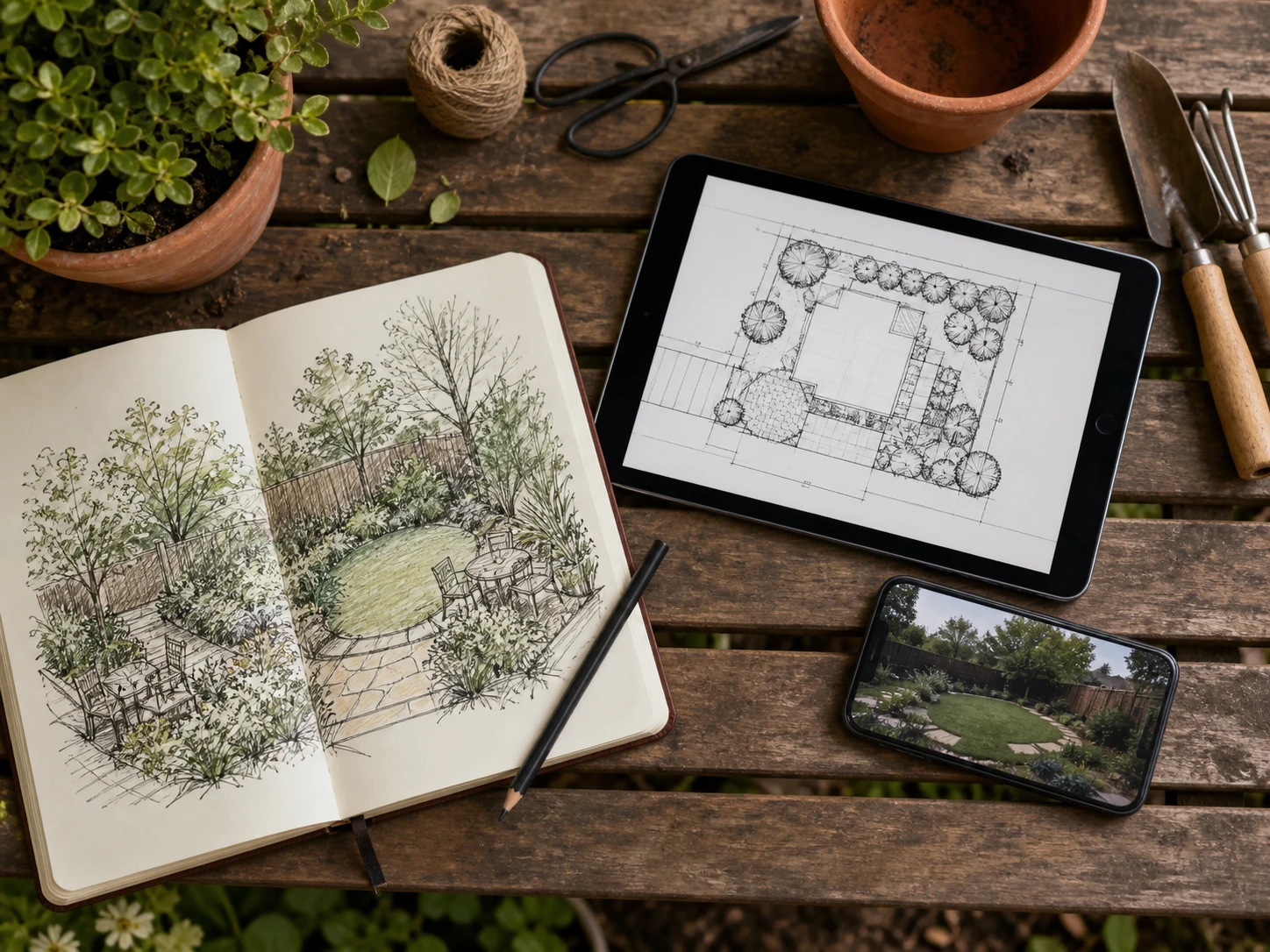 Tavolo da giardino all'aperto con un album da disegno, un tablet che mostra una planimetria e un telefono con la foto di un cortile