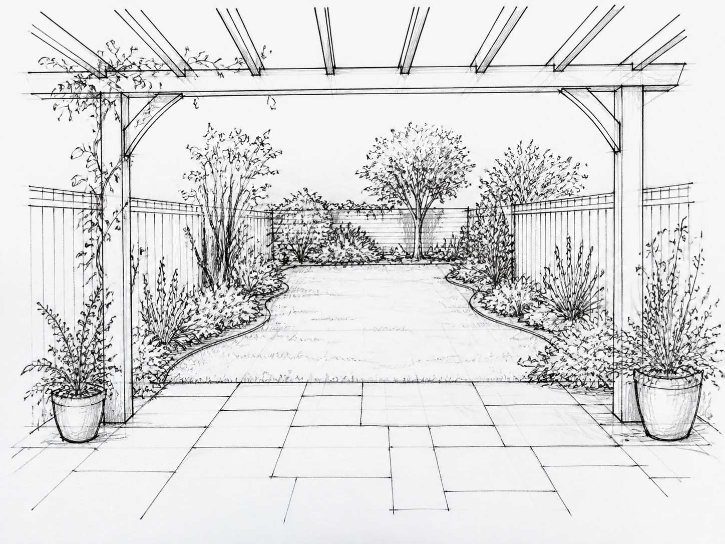 Schizzo a matita disegnato a mano di un giardino sul retro con patio e aiuole