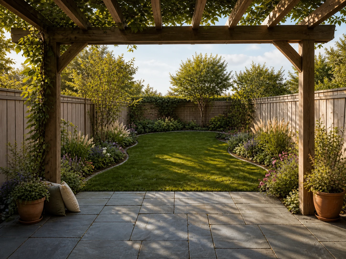 Render paesaggistico con IA di un giardino sul retro creato da uno schizzo a mano, vegetazione rigogliosa pomeridiana