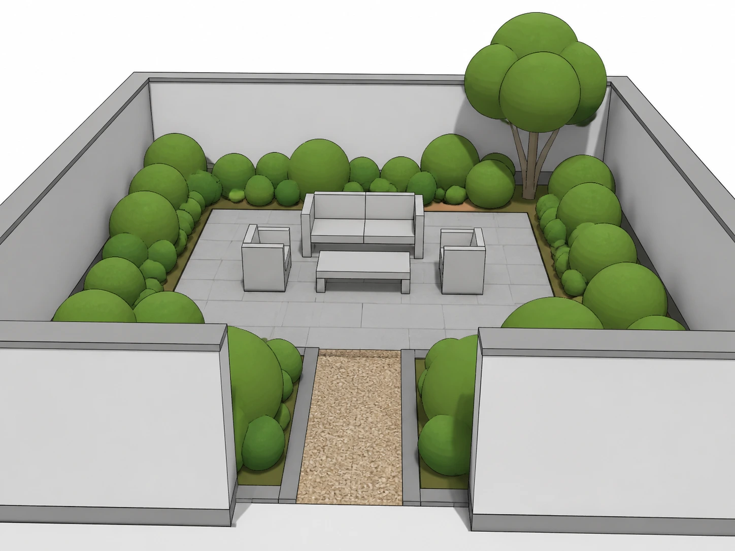 Modello volumetrico SketchUp di un giardino a cortile con semplici forme verdi abbozzate per la vegetazione