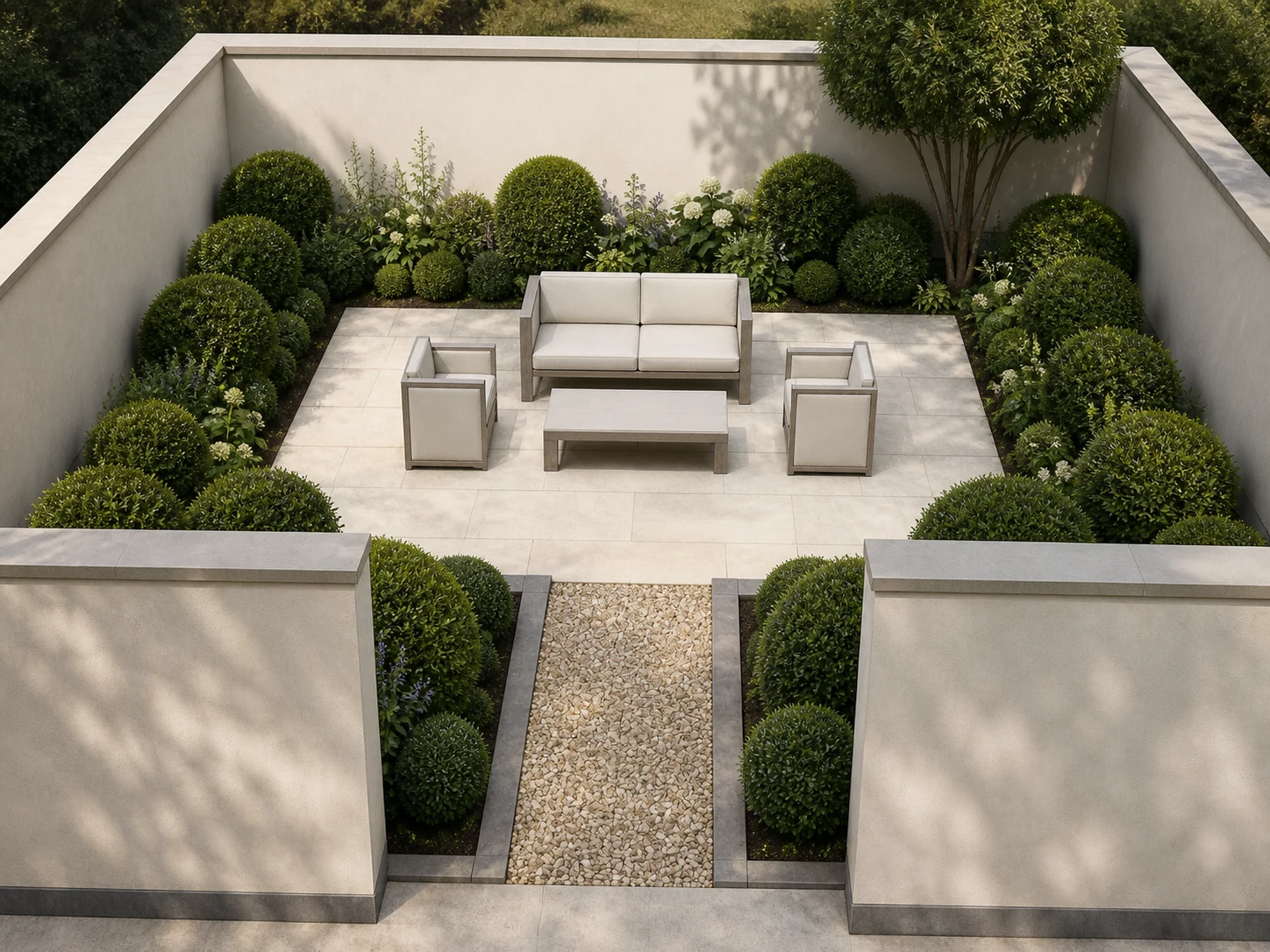Render paesaggistico con IA di un cortile generato da un modello volumetrico SketchUp, pavimentazione in pietra e alberi maturi