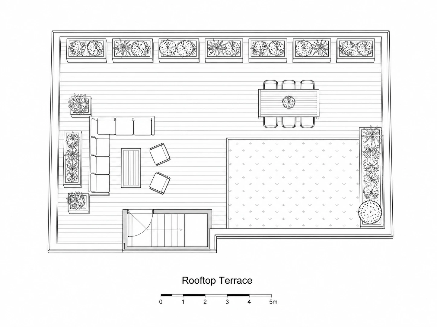 Planimetria CAD in bianco e nero di una terrazza sul tetto con i contorni delle fioriere