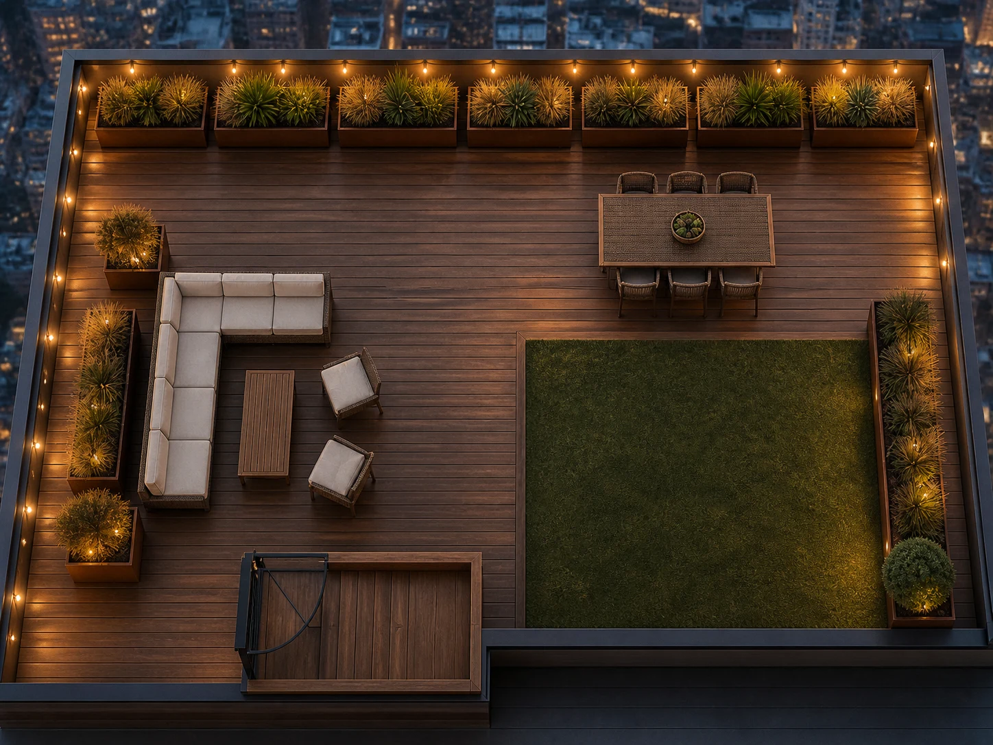 Render paesaggistico con IA di una terrazza sul tetto basato su una planimetria CAD in bianco e nero