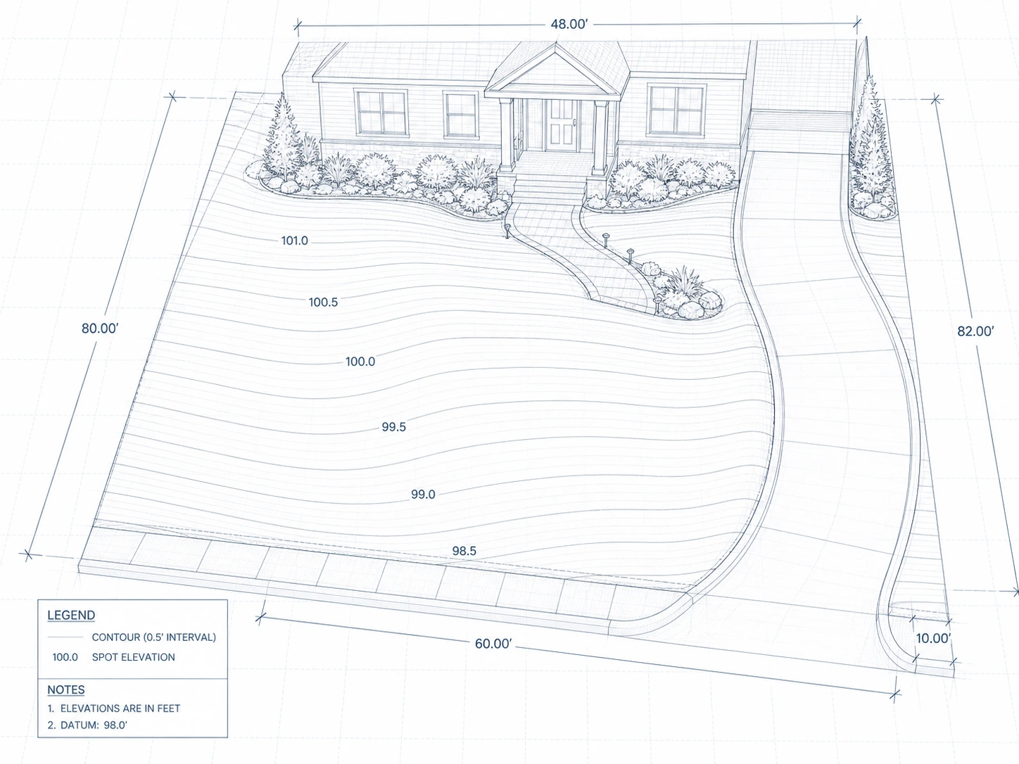 Piano topografico wireframe grigio-azzurro di un giardino antistante con curve di livello e indicatori di quota