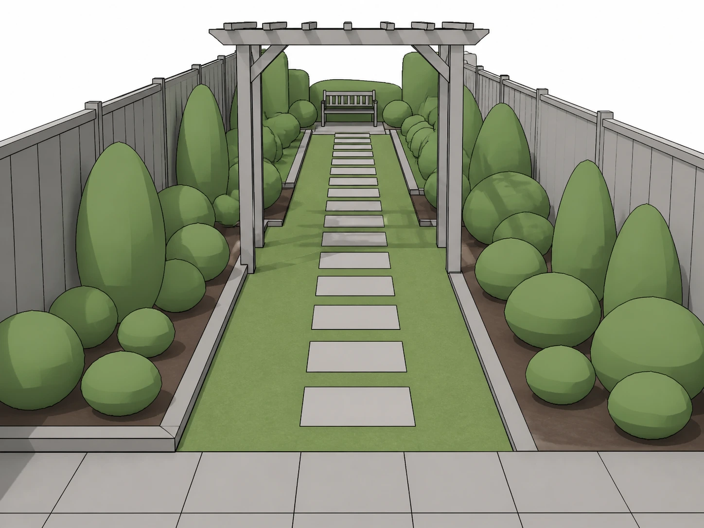 Modello SketchUp di un vialetto con pavimentazioni e piante abbozzate ma con materiali piatti e senza stile