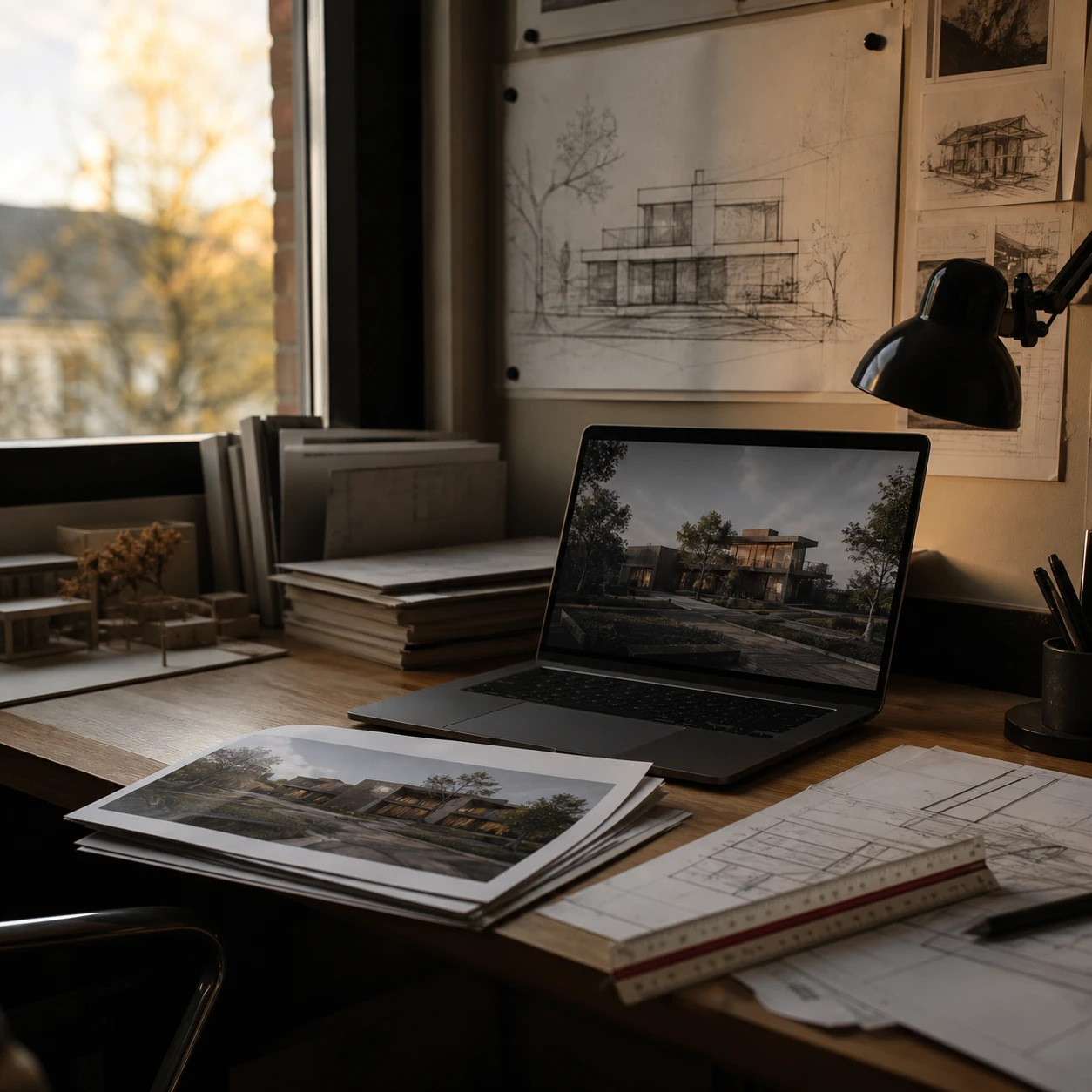 Professional architecture studio workspace with blueprint sketches and design tools for sketch to render AI