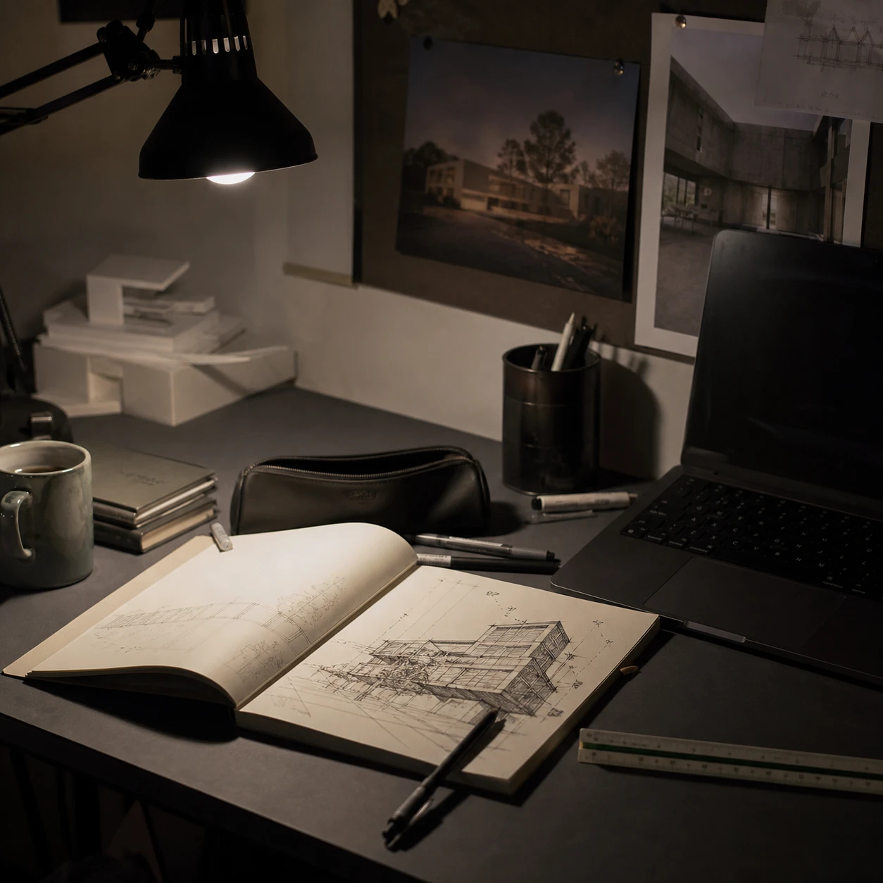 Architecture student desk with sketches, drafting tools, and project materials for AI render online free