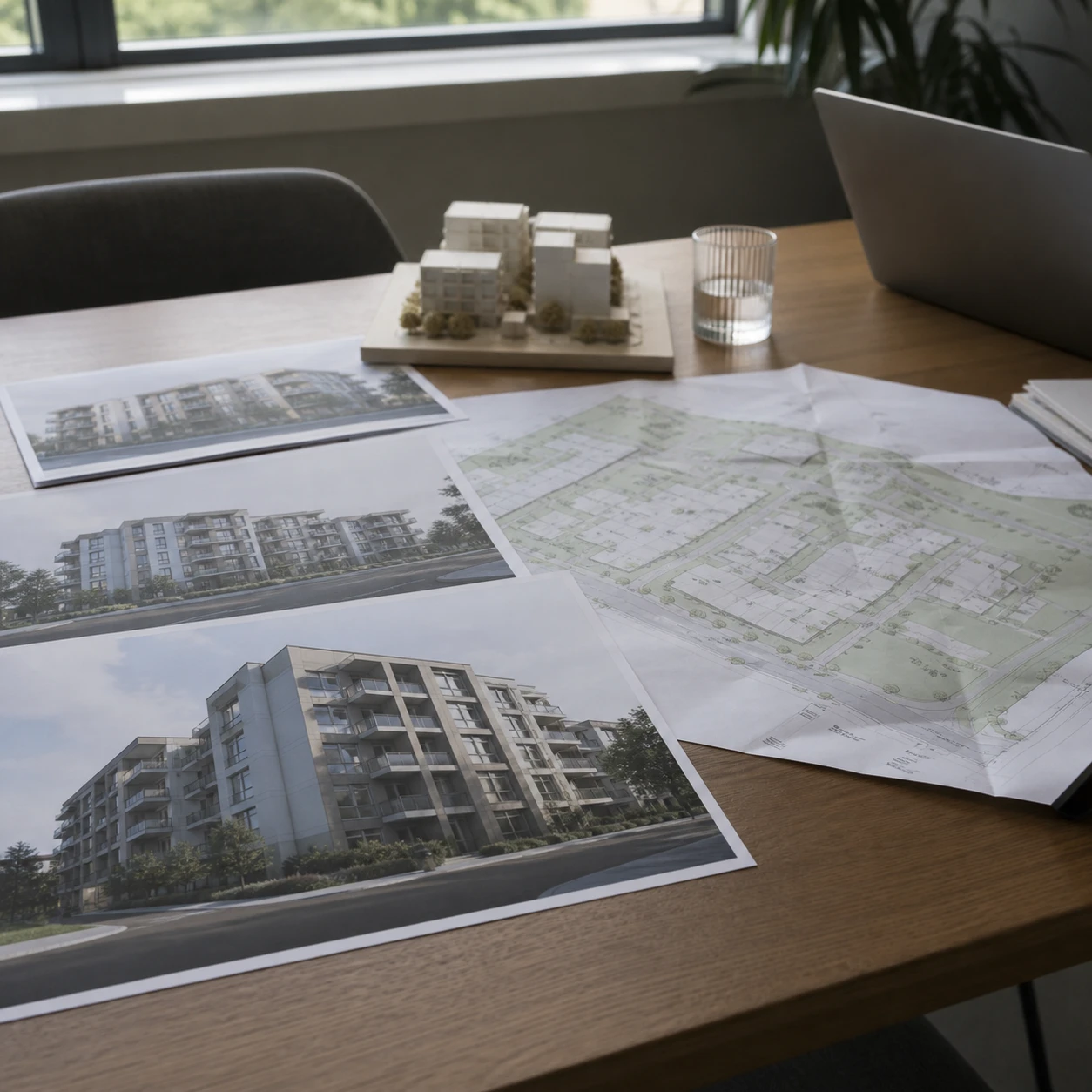 Real estate development planning table with site plans, models, and project documentation for sketch to render online