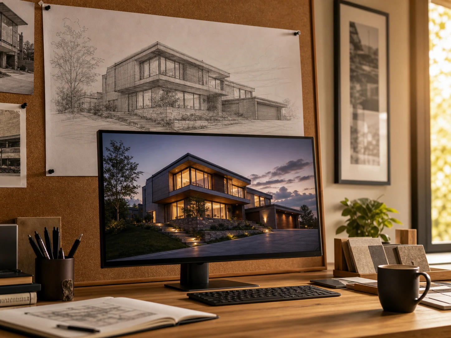 A hand-drawn architectural sketch pinned above a monitor displaying its finished photorealistic AI render side by side