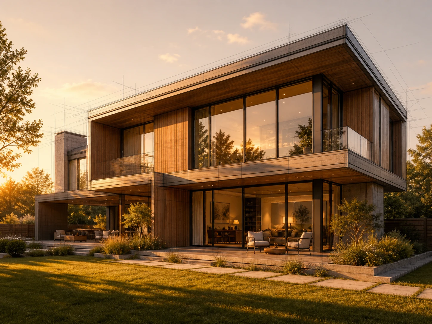 Photorealistic architectural exterior render with a faint ghost of the original hand-drawn sketch visible beneath the surface