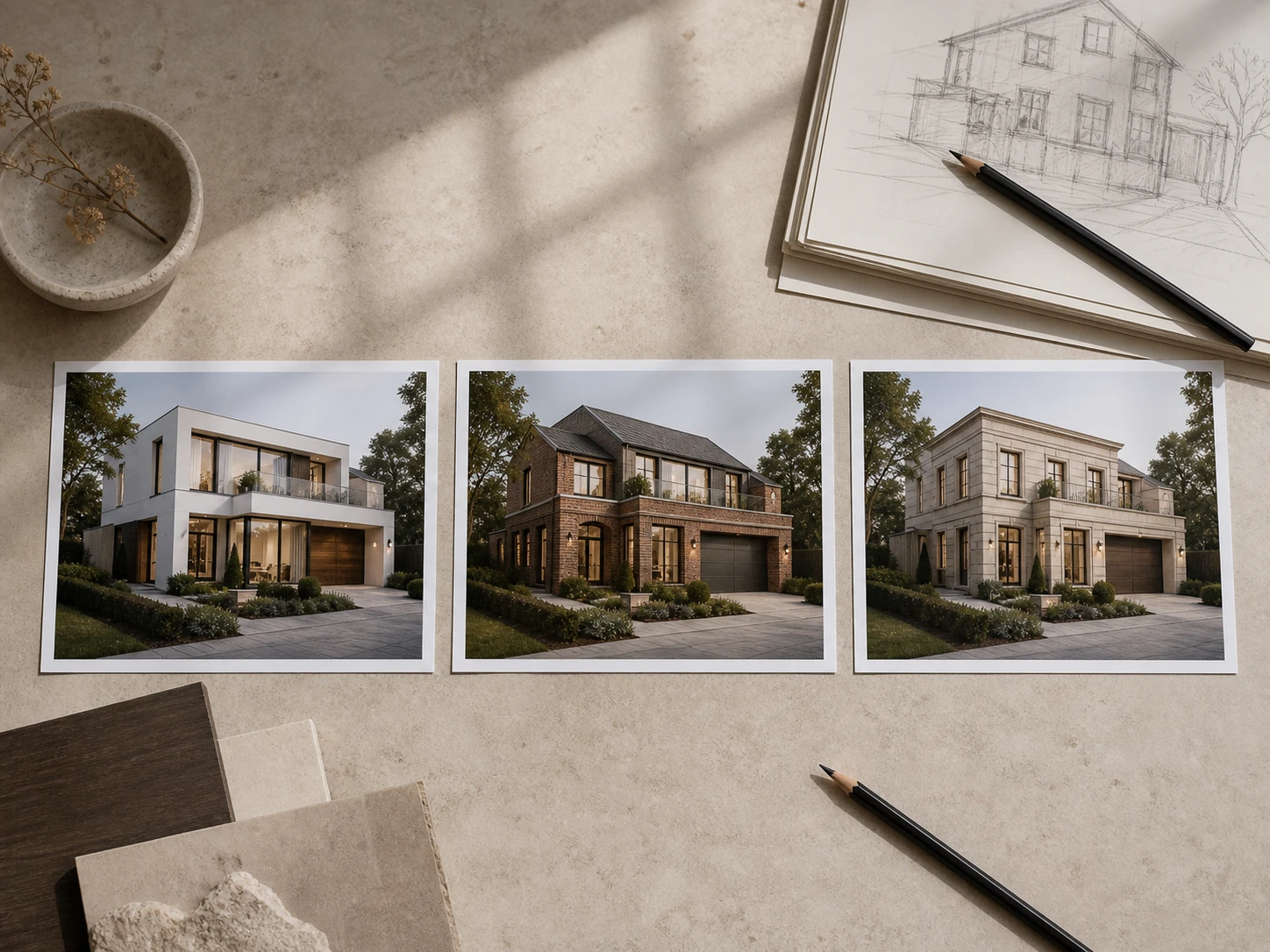Three printed architectural renders of the same building in different style presets arranged on a design table